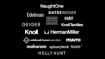 A grouping of white logos belonging to brands within the MillerKnoll collective, including DatesWeiser, Edelman, HAY, DWR, Geiger, Knoll Textiles, Knoll, Herman Miller, Colebrook Bosson Saunders, Muuto, maharam, Spinneybeck Filzfelt, and HOLLY HUNT.