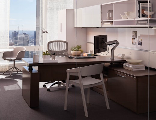 Private Office with Reff Profiles and Muuto guest seating Knoll Reff Profiles private office height adjustable desk Sapper XYZ monitor arm Sparrow light Saarinen dining table Saarinen meeting table Muuto Cover Chair Muuto Fiber Chair swivel base guest seating guest chair accessories private office