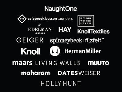 Eine Gruppierung weißer Logos des MillerKnoll-Markenkollektivs auf schwarzem Hintergrund.