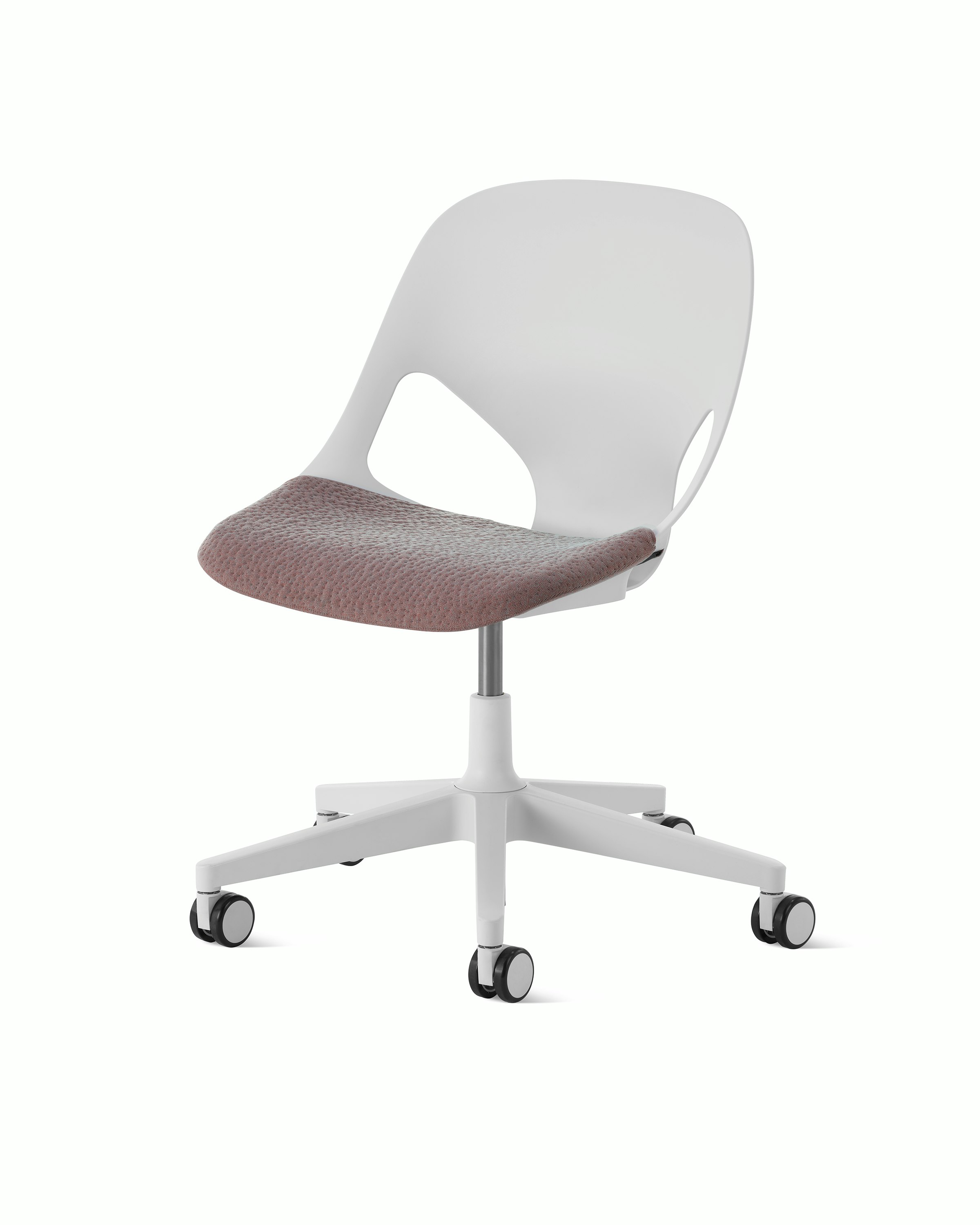 White task chair with a beige/purple seat pad