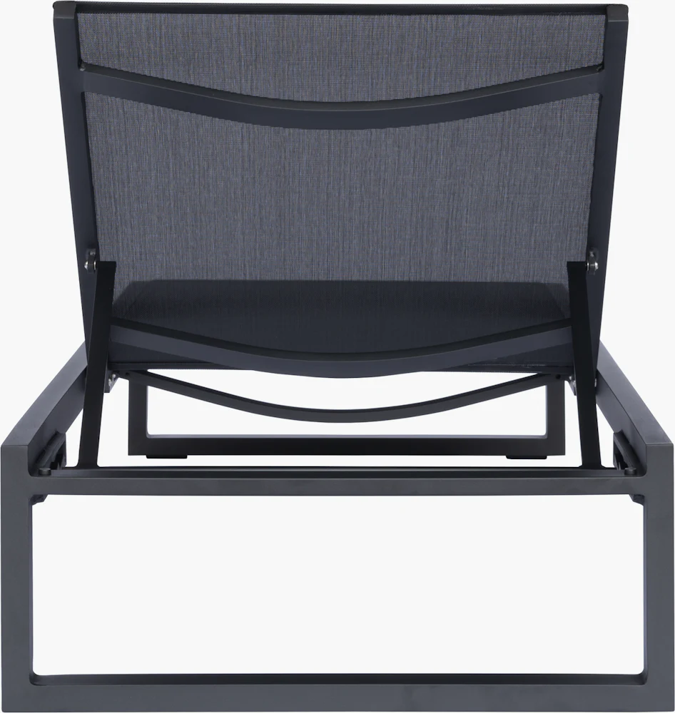 Black outdoor chaise lounge chair with gray mesh back and seat in reclined position