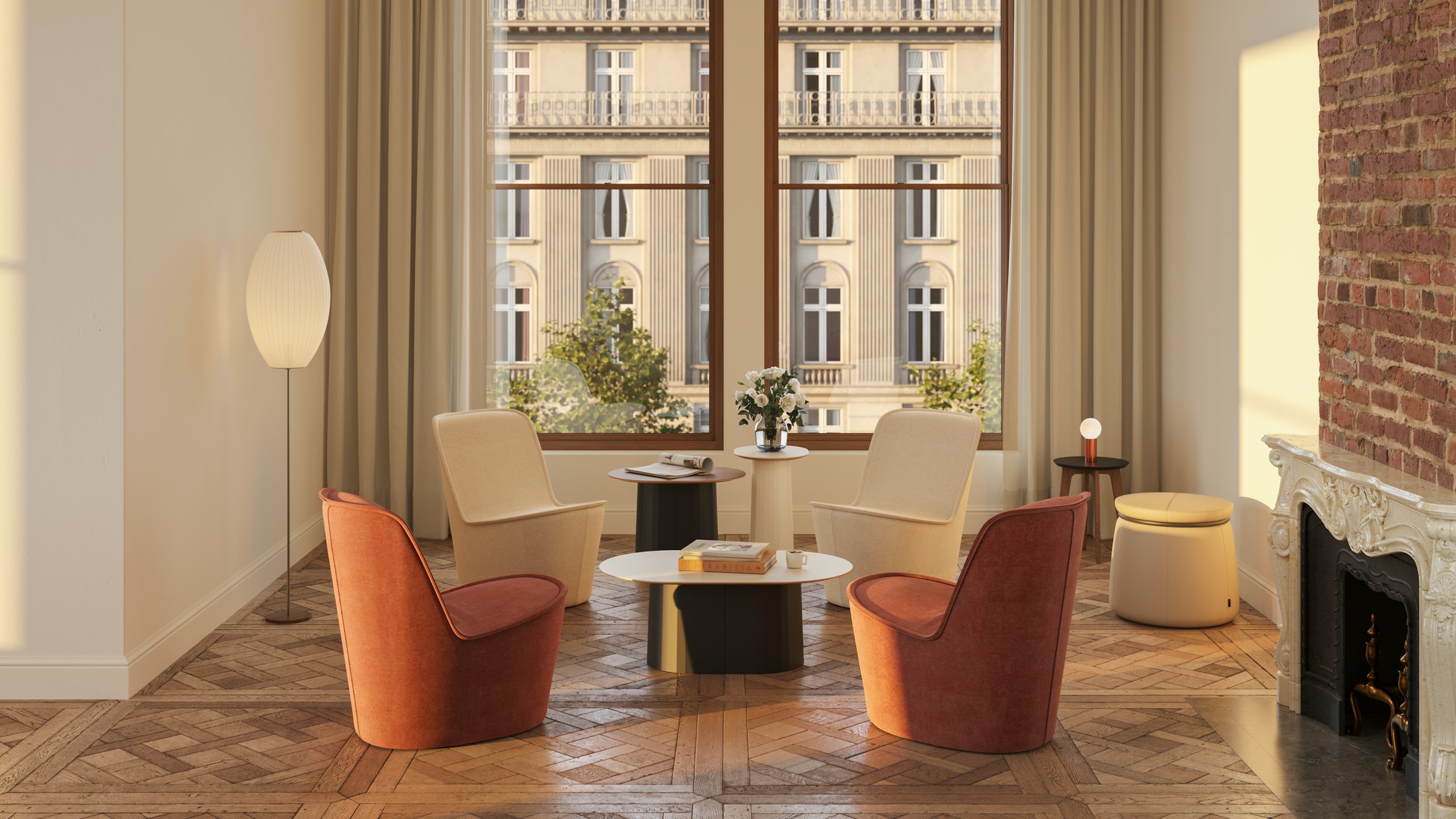 Four Pippin lounge chairs positioned around three Tun coffee tables, next to a floor to ceiling window.