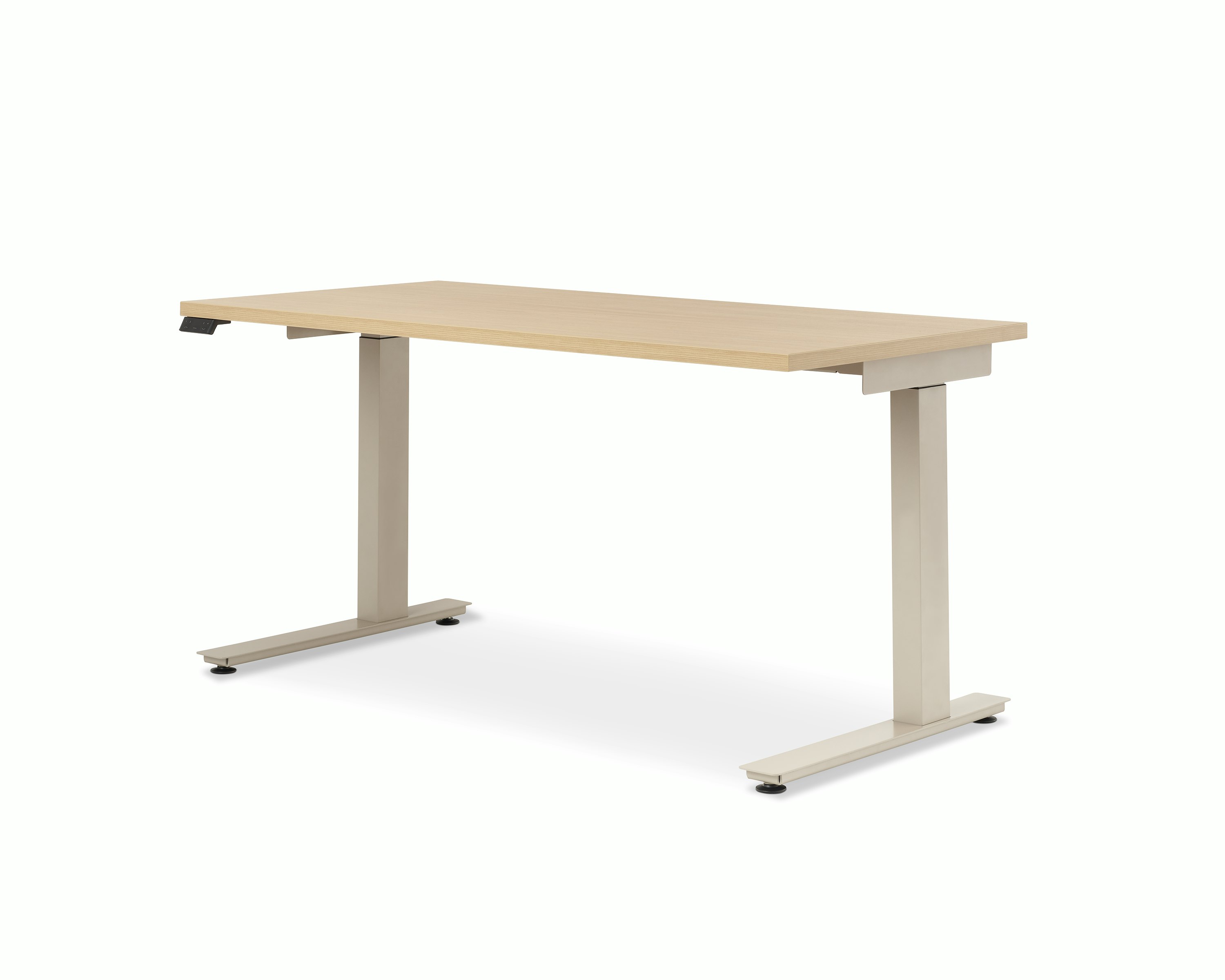 Lev Height Adjustable Table with core laminate warm ash, viewed at an angle.