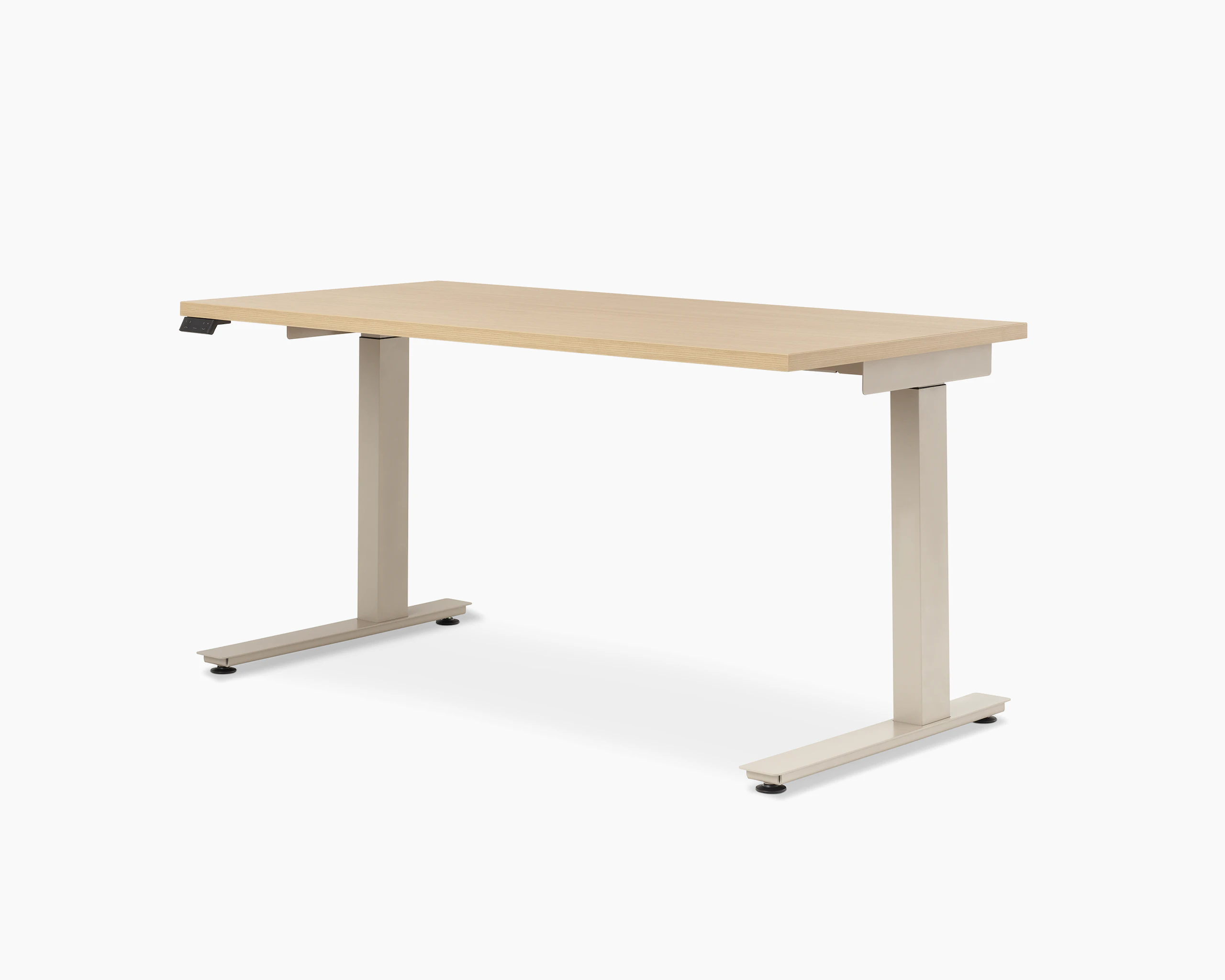 Lev Height Adjustable Table with core laminate warm ash, viewed at an angle.