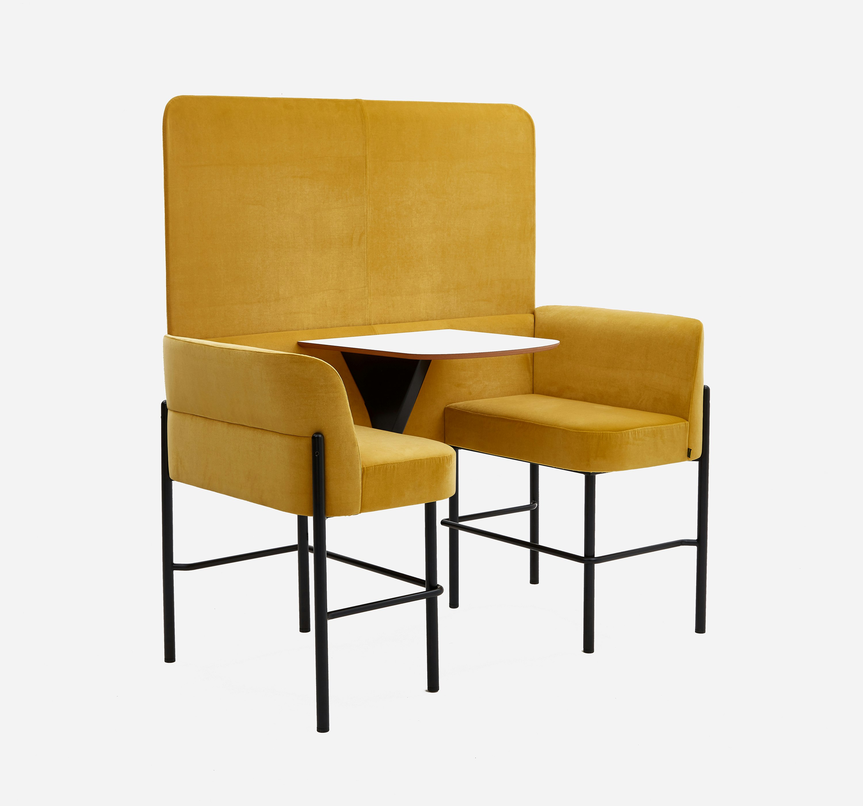 Front view of bar height Hue two seat booth with screen upholstered in yellow velvet, with black steel legs and integrated white mfmdf table top.