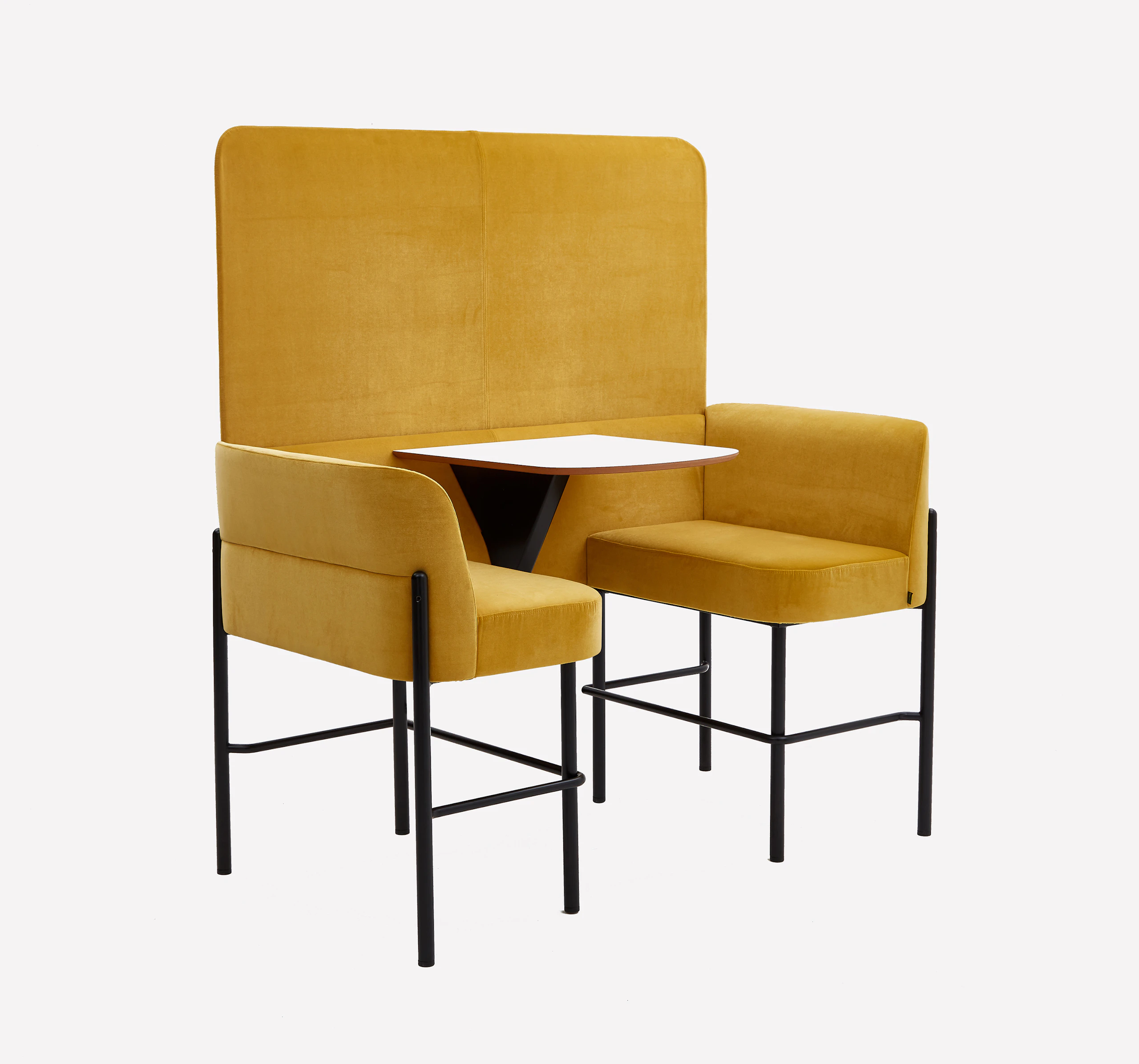 Front view of bar height Hue two seat booth with screen upholstered in yellow velvet, with black steel legs and integrated white mfmdf table top.