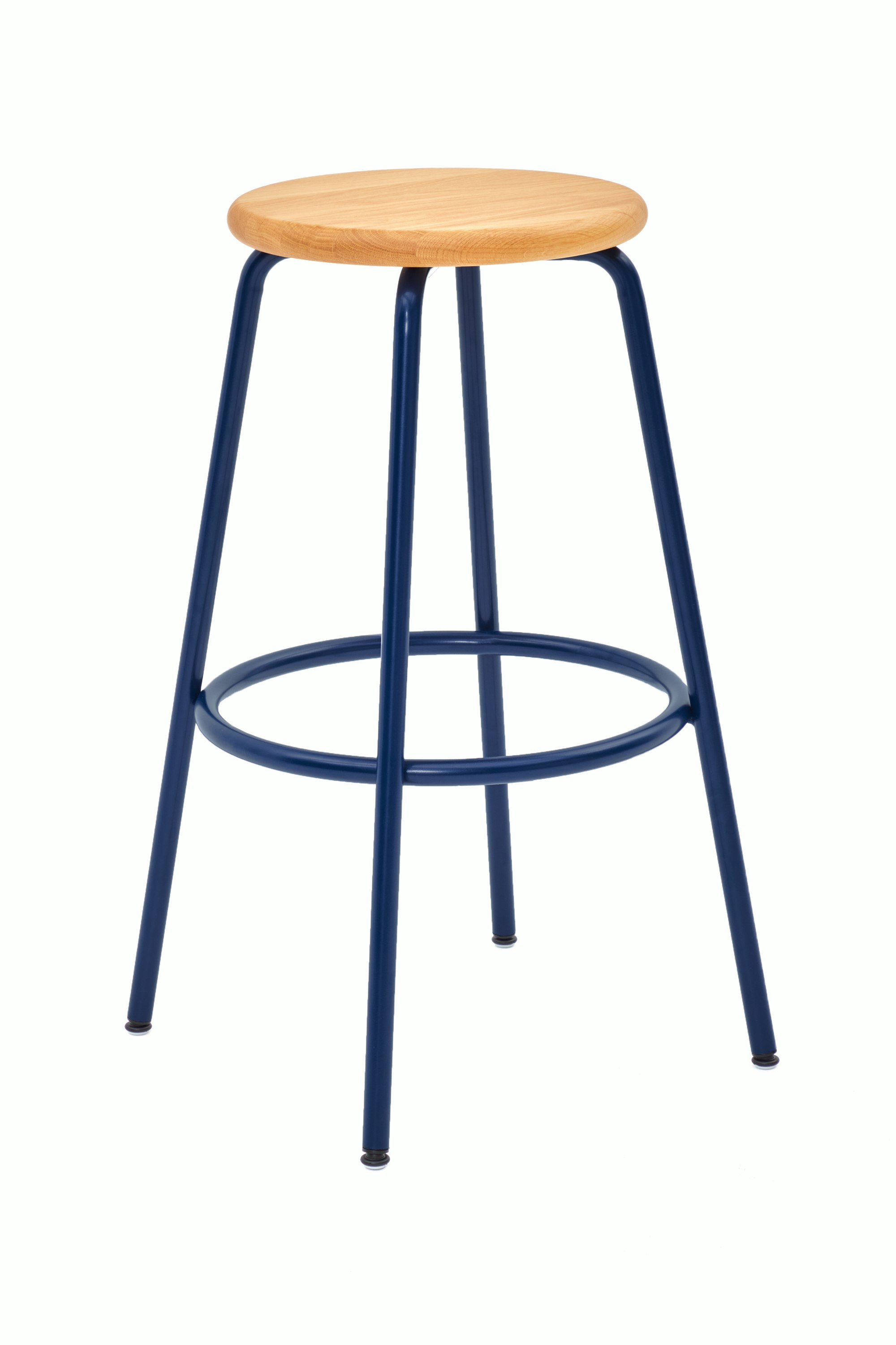 A Penny Stool with a dark blue base and oak seat.