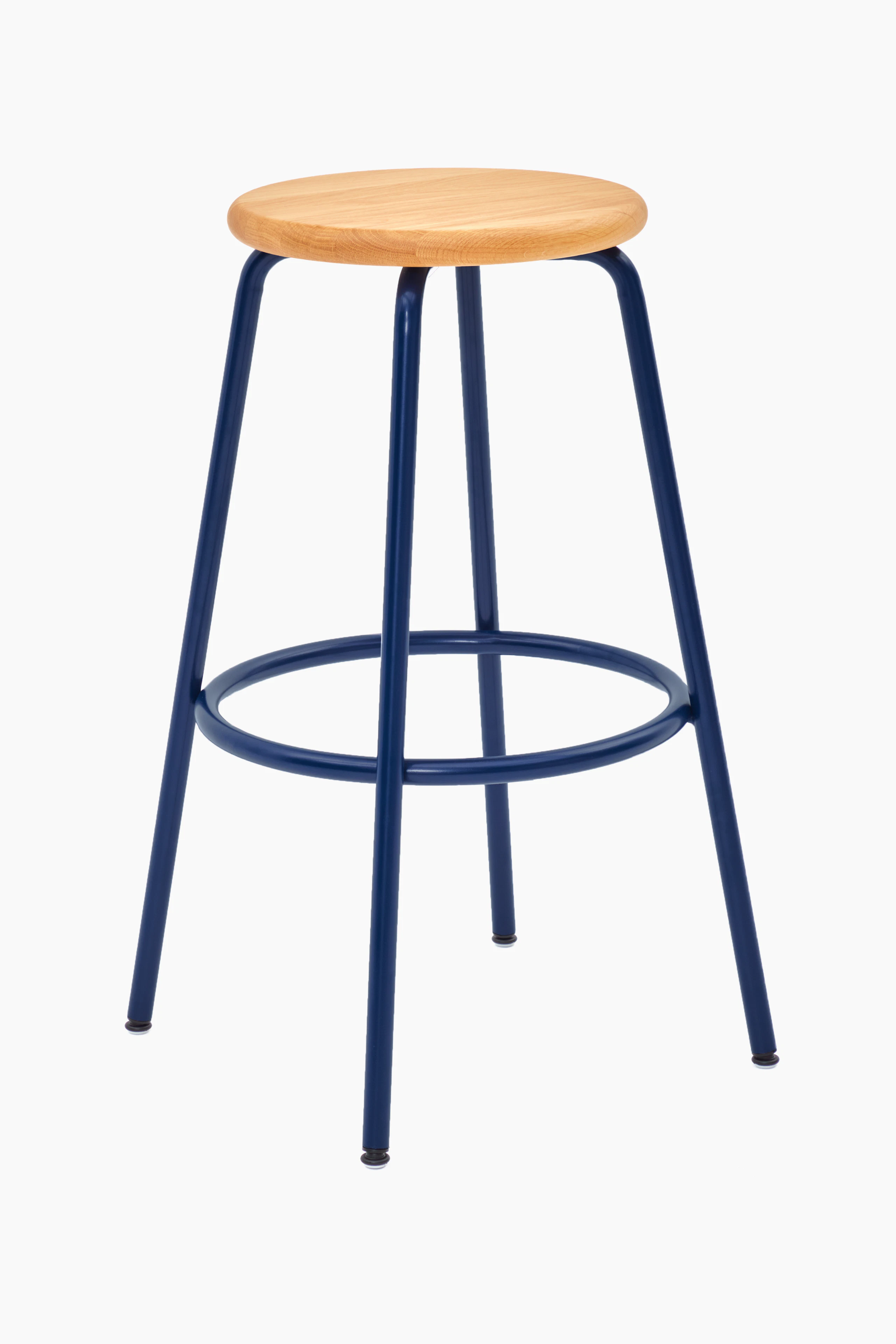A Penny Stool with a dark blue base and oak seat.
