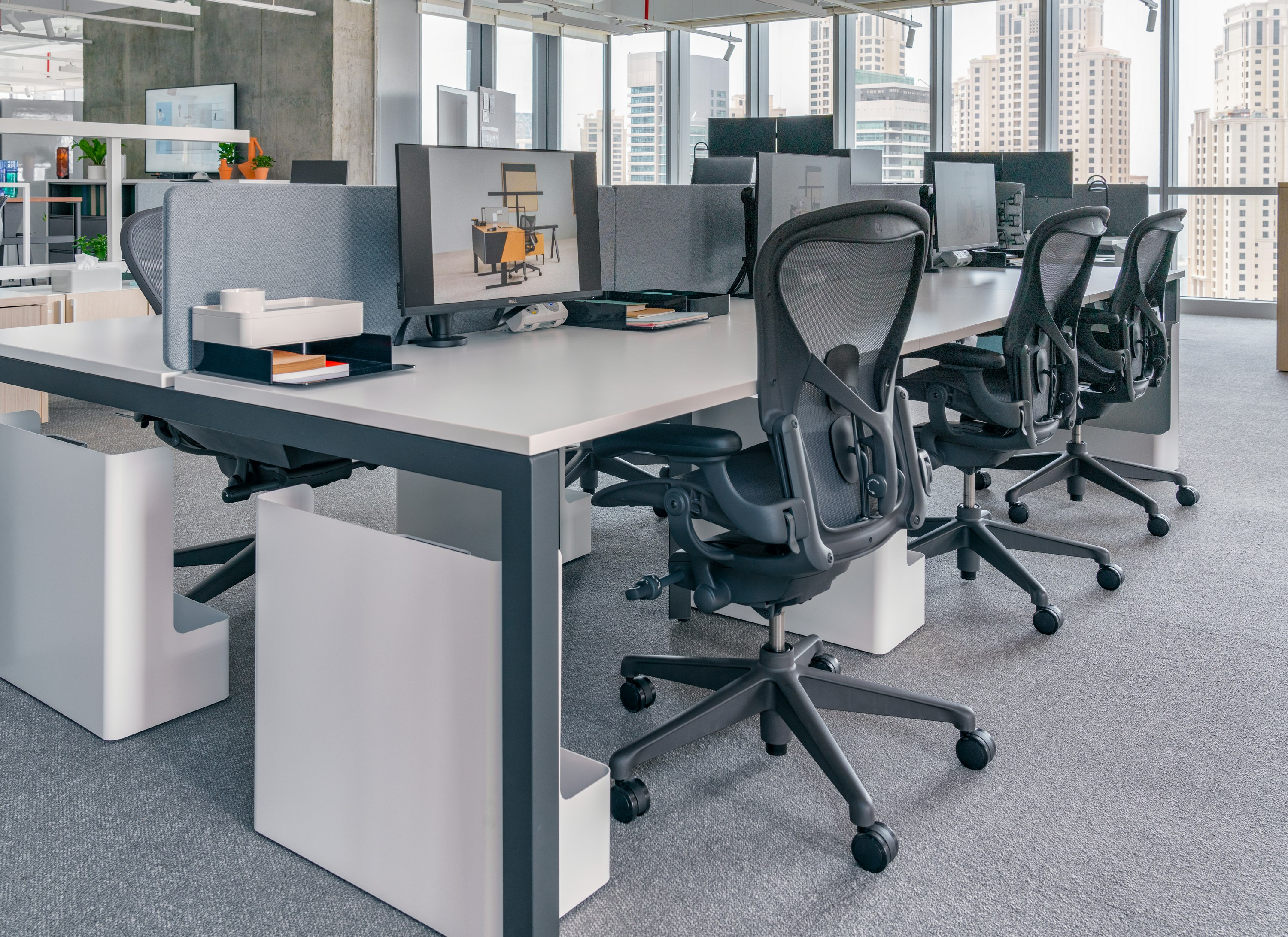 Layout Studio Desks with Aeron Chairs, Ollin Monitor Amrs, Ubi Worktools and Formwork.