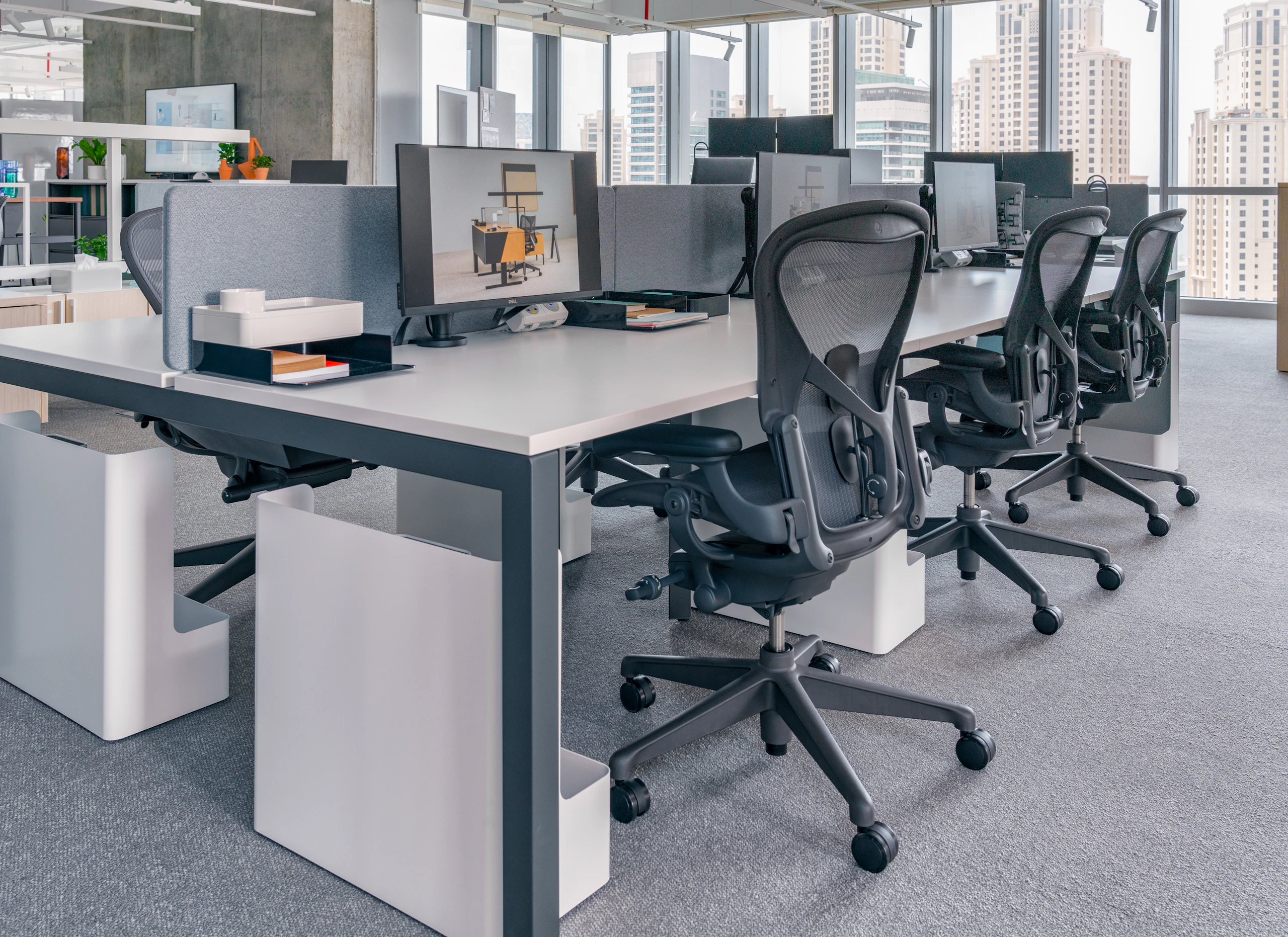 Layout Studio Desks with Aeron Chairs, Ollin Monitor Amrs, Ubi Worktools and Formwork.