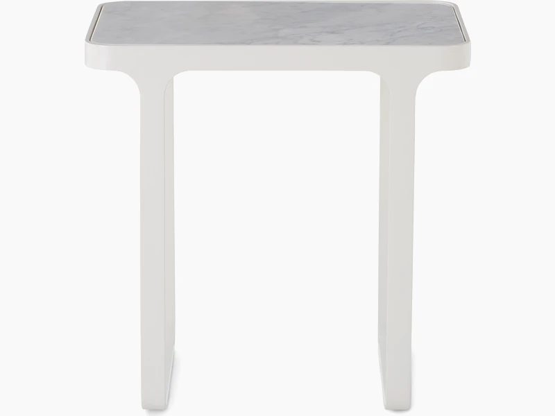 White sweep shot of white Trace Side table with marble top.