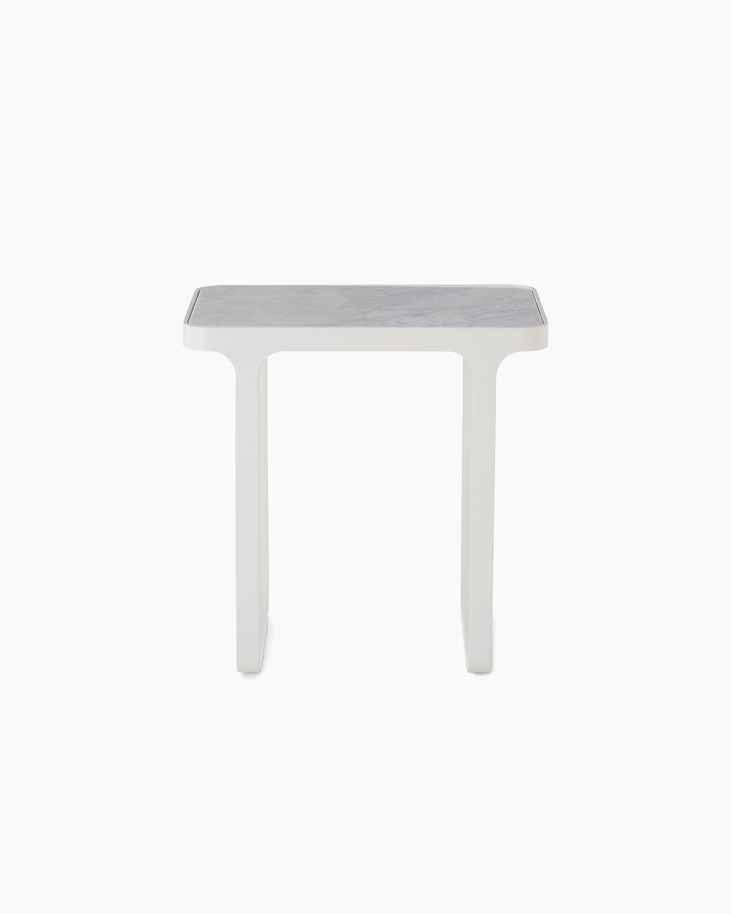 White sweep shot of white Trace Side table with marble top.