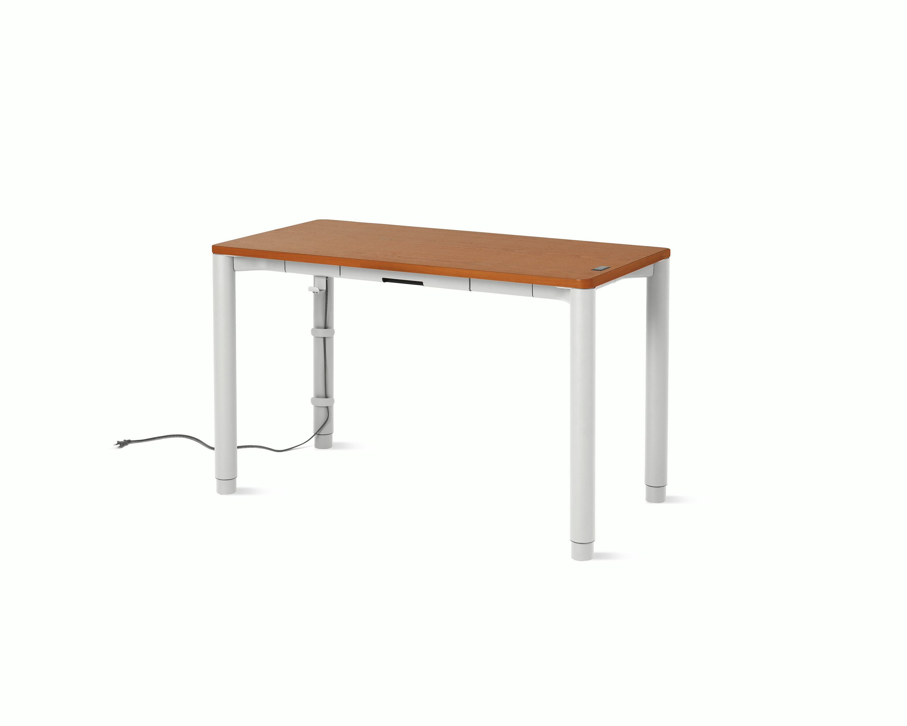 Four leg height-adjustable table shown with a dark woodgrain surface and white legs.