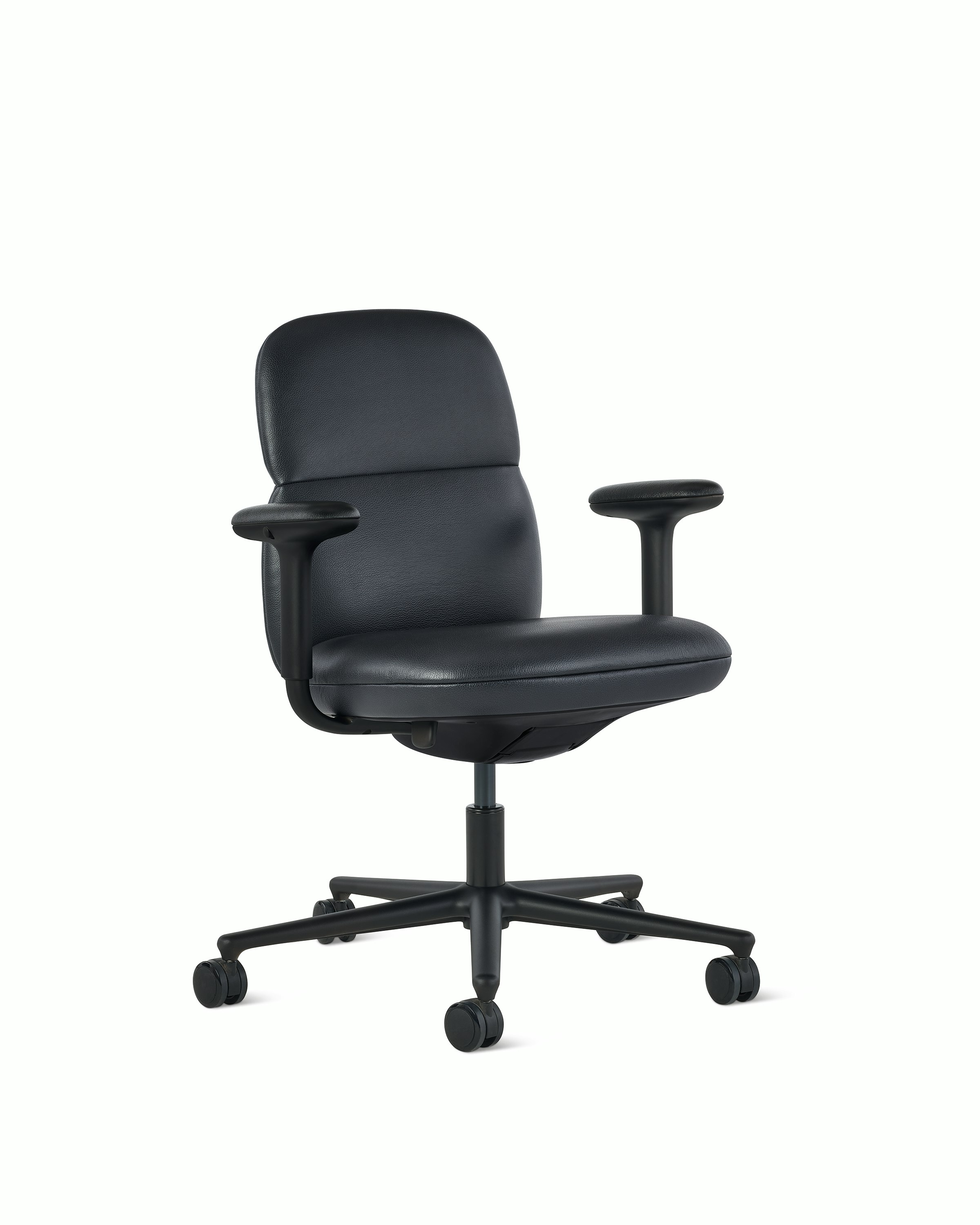 Front angle view of a mid-back Asari chair by Herman Miller in black leather with height adjustable arms.