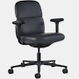 Front angle view of a mid-back Asari chair by Herman Miller in black leather with height adjustable arms.