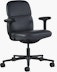 Front angle view of a mid-back Asari chair by Herman Miller in black leather with height adjustable arms.