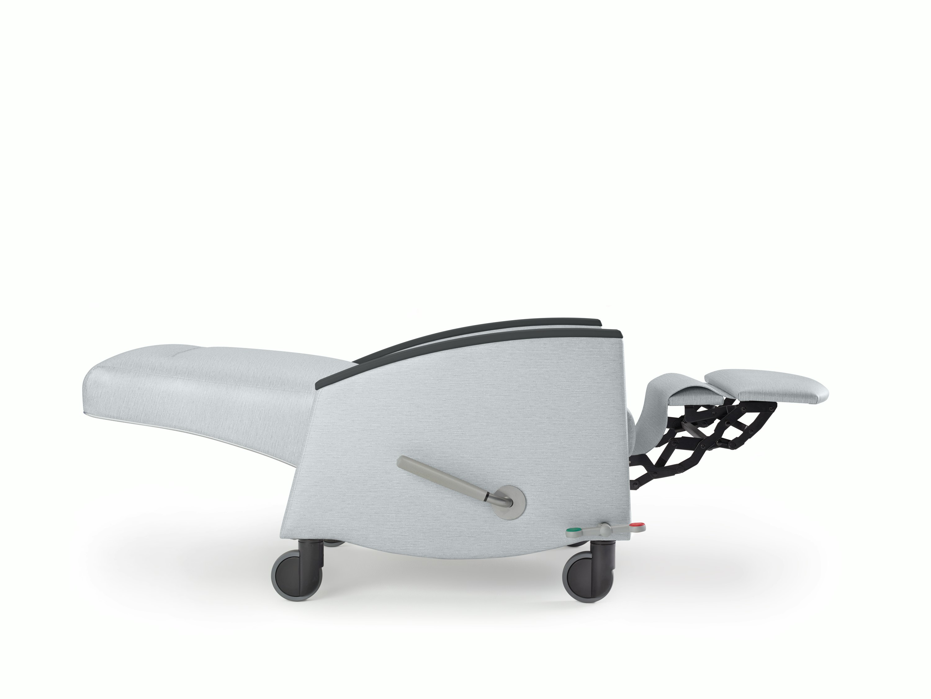 Nemschoff Sahara Recliner in a light gray upholstery and black arm caps and casters with the back and footrest fully extended, viewed from the side.