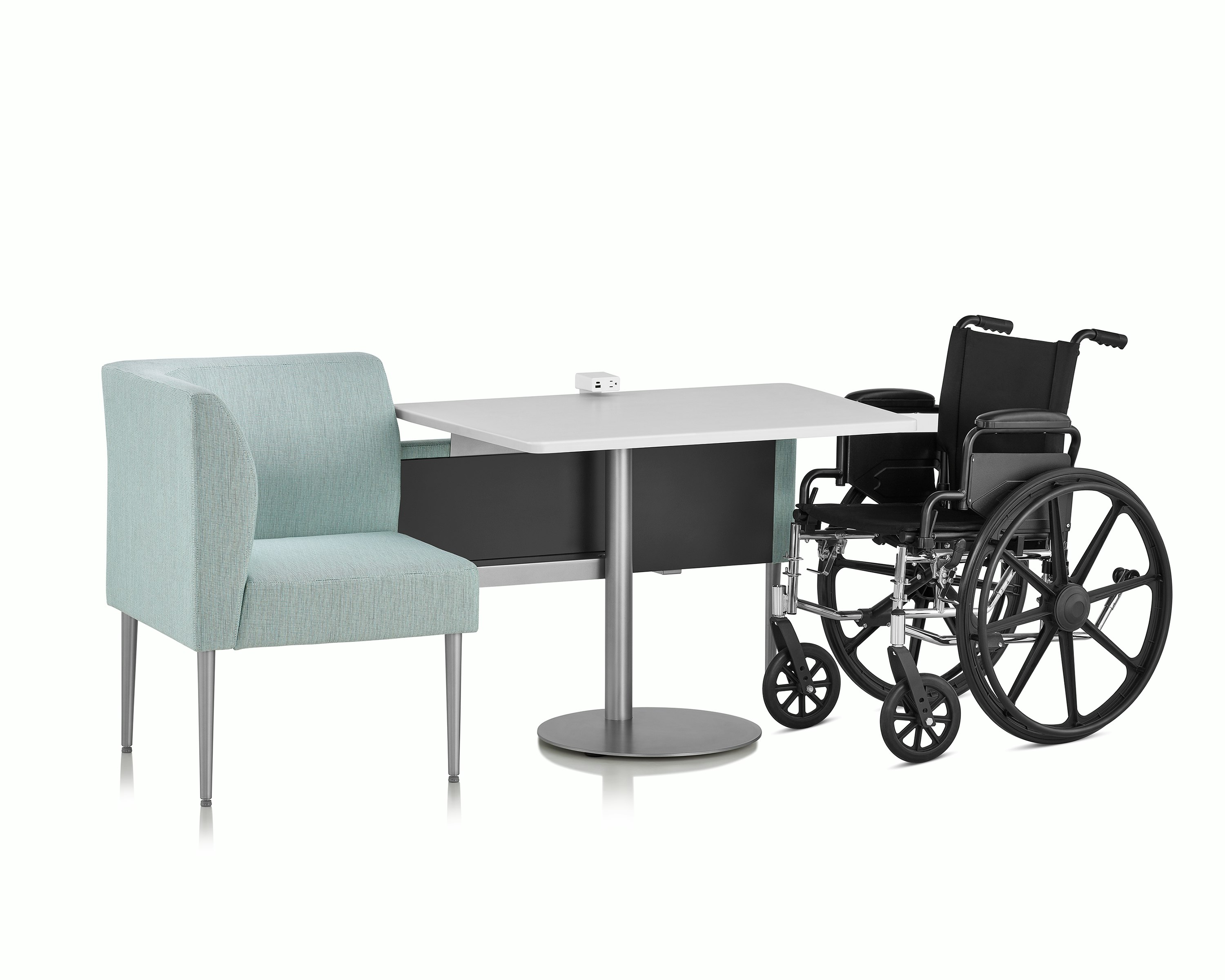 Front three-quarter view of Palisade Booth with wheelchair on white sweep.