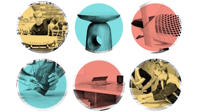 Assorted views of craftspeople and artisans making and assembling furniture overlayed with red, blue, and yellow filters used to illustrate the quality and craftsmenship of MillerKnoll products