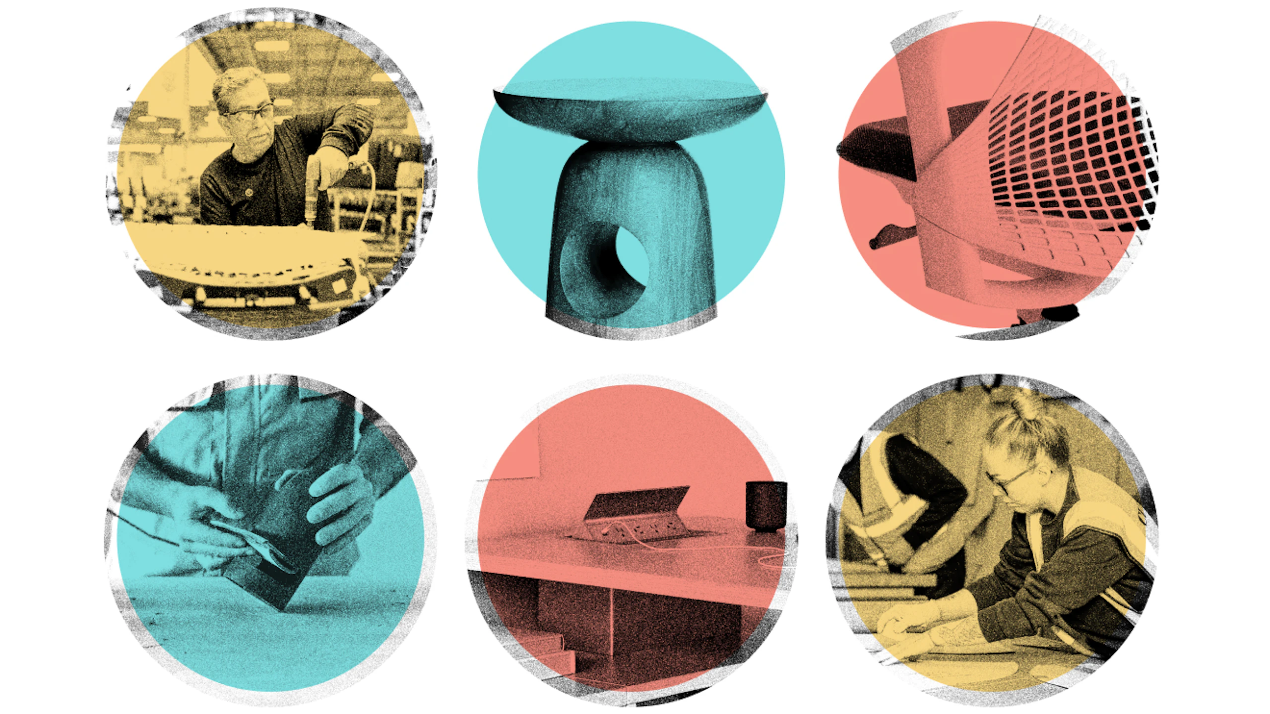 Assorted views of craftspeople and artisans making and assembling furniture overlayed with red, blue, and yellow filters used to illustrate the quality and craftsmenship of MillerKnoll products