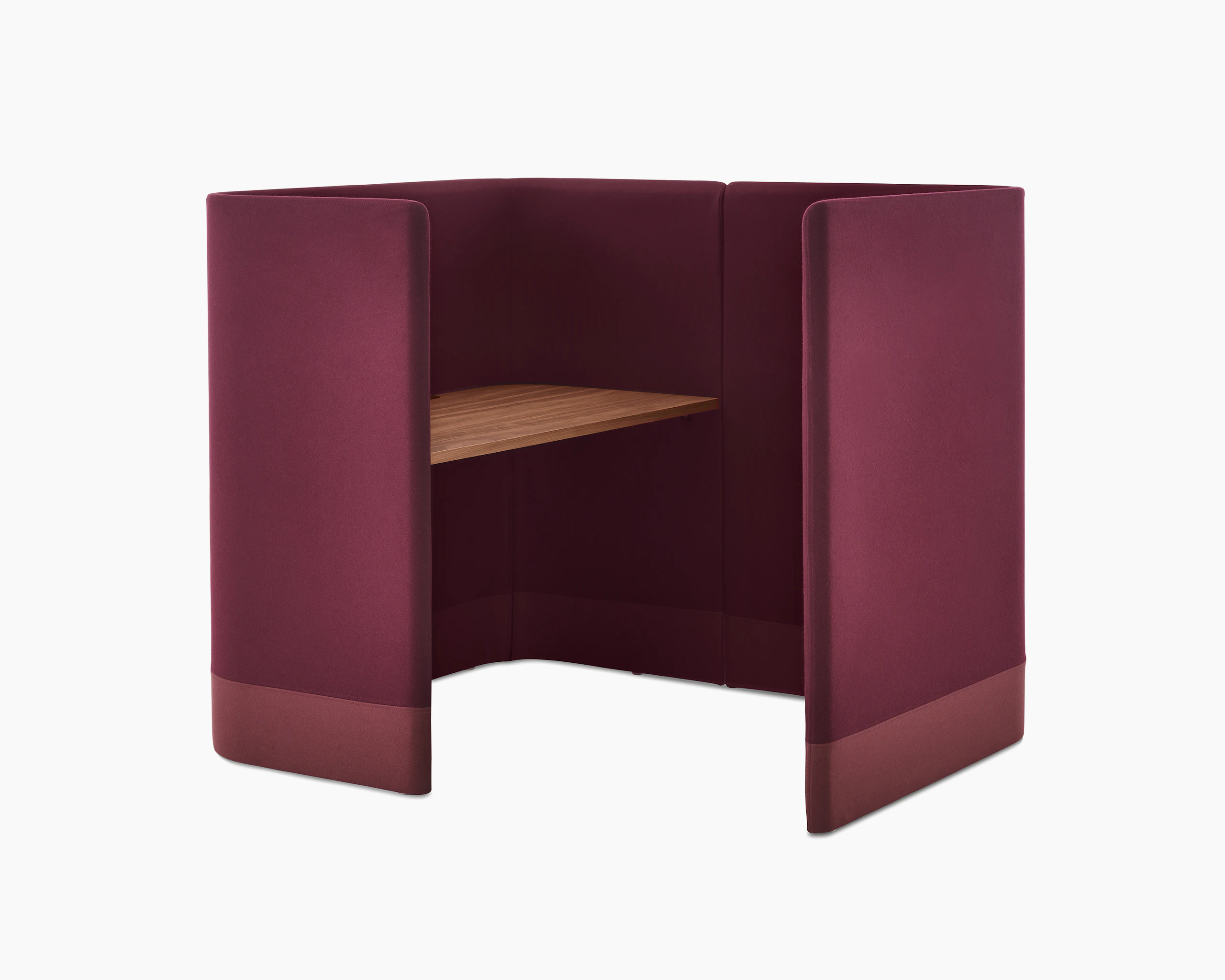 Whitesweep shot of Pullman Desk Pod upholstered in burgundy fabric with an oak desk top.