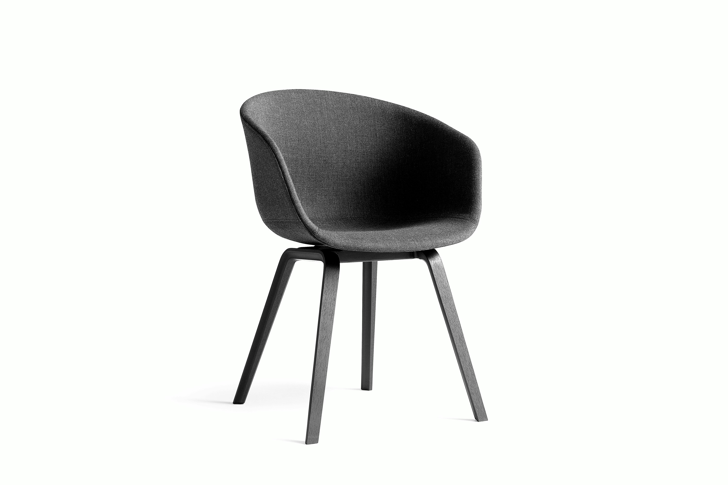 Grey upholstered About A Chair with black wooden base, viewed at an angle.