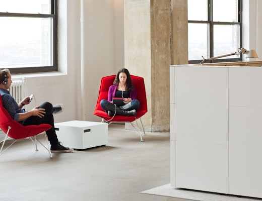 Open Plan Refuge Jehs+Laub red lounge chairs and Power Cube Table