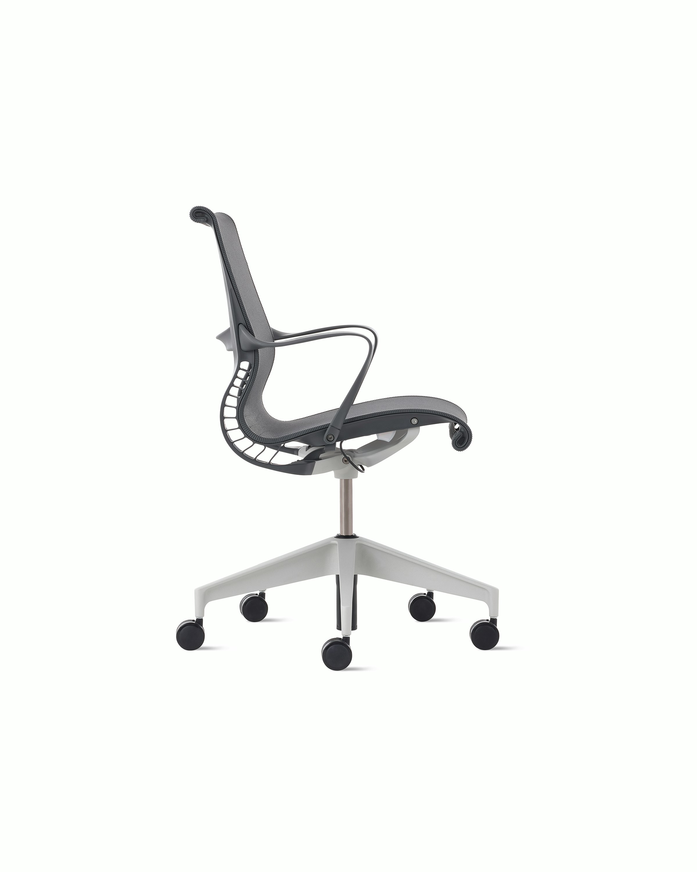 Side view of a Setu chair in grey with a silver alloy base.