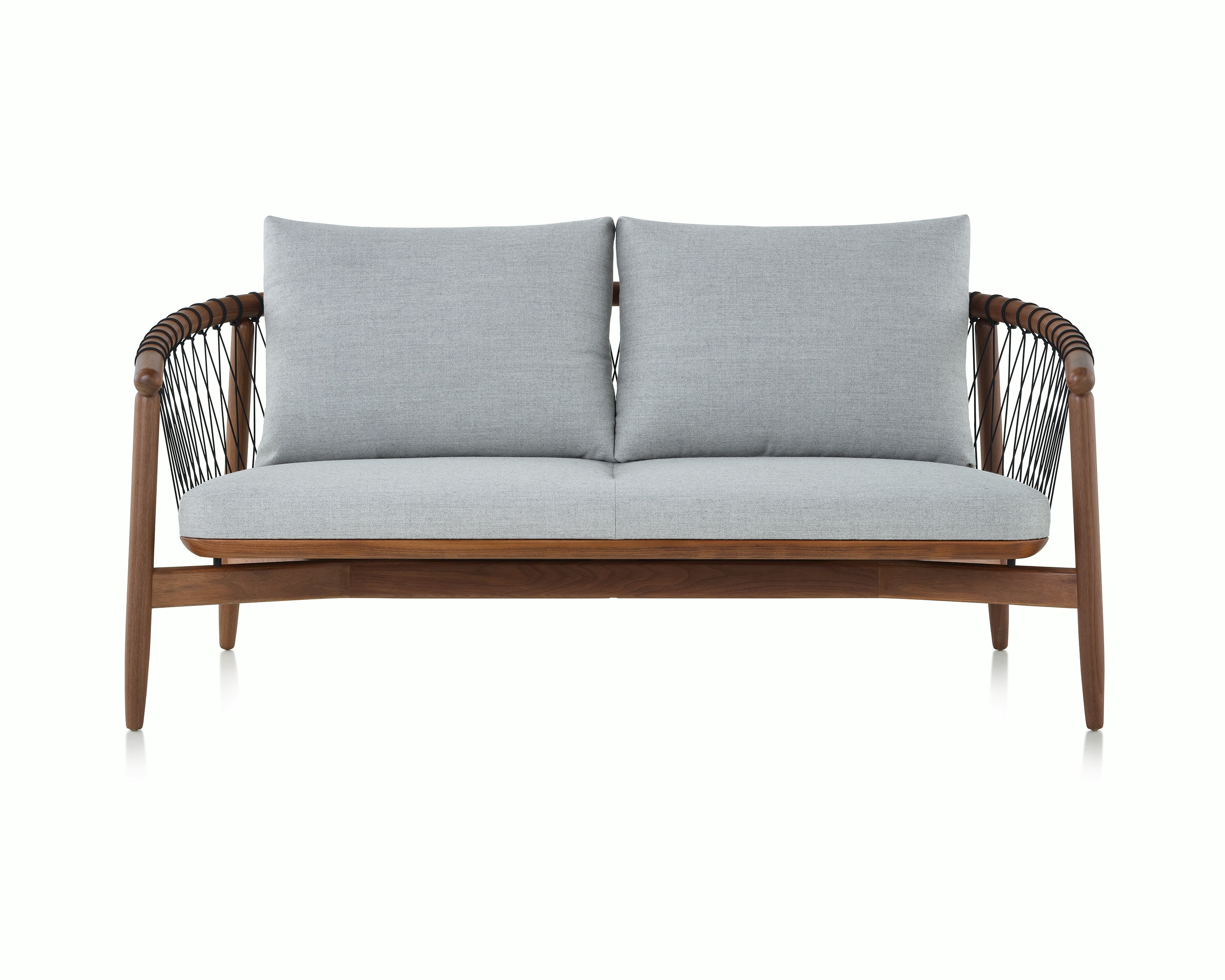 A Crosshatch Settee with a walnut frame, black cords, and light neutral fabric, viewed from the front.