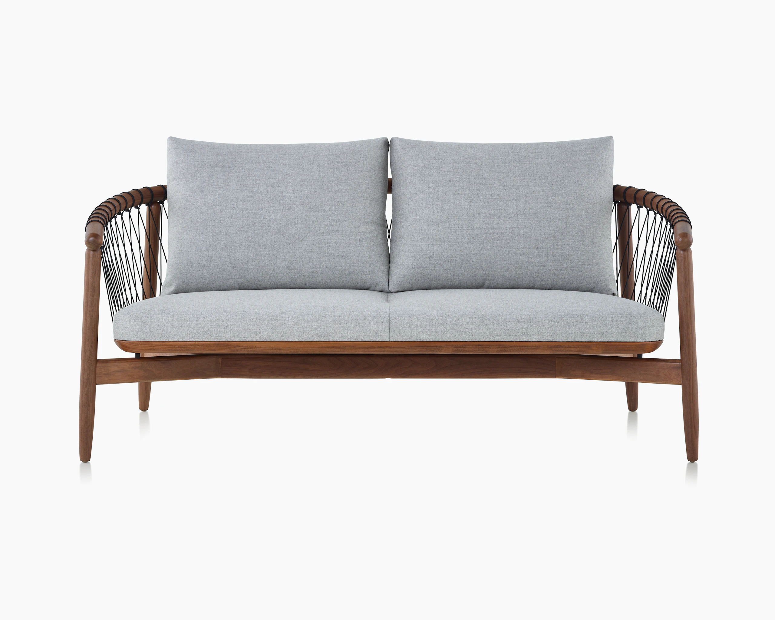 A Crosshatch Settee with a walnut frame, black cords, and light neutral fabric, viewed from the front.