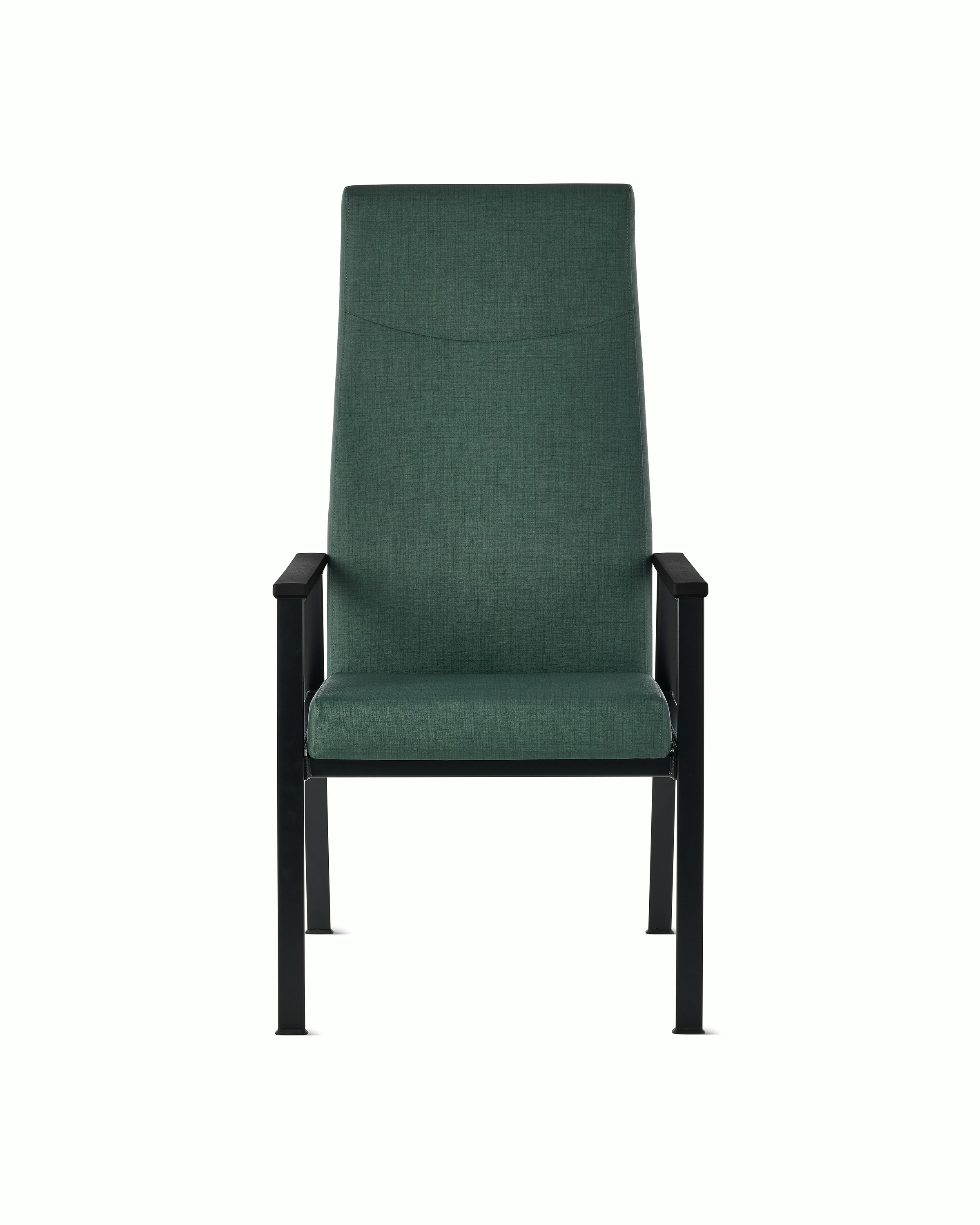 Front view of an Easton Patient Chair with green upholstery, black four leg base and black arm caps.