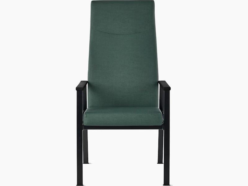 Front view of an Easton Patient Chair with green upholstery, black four leg base and black arm caps.