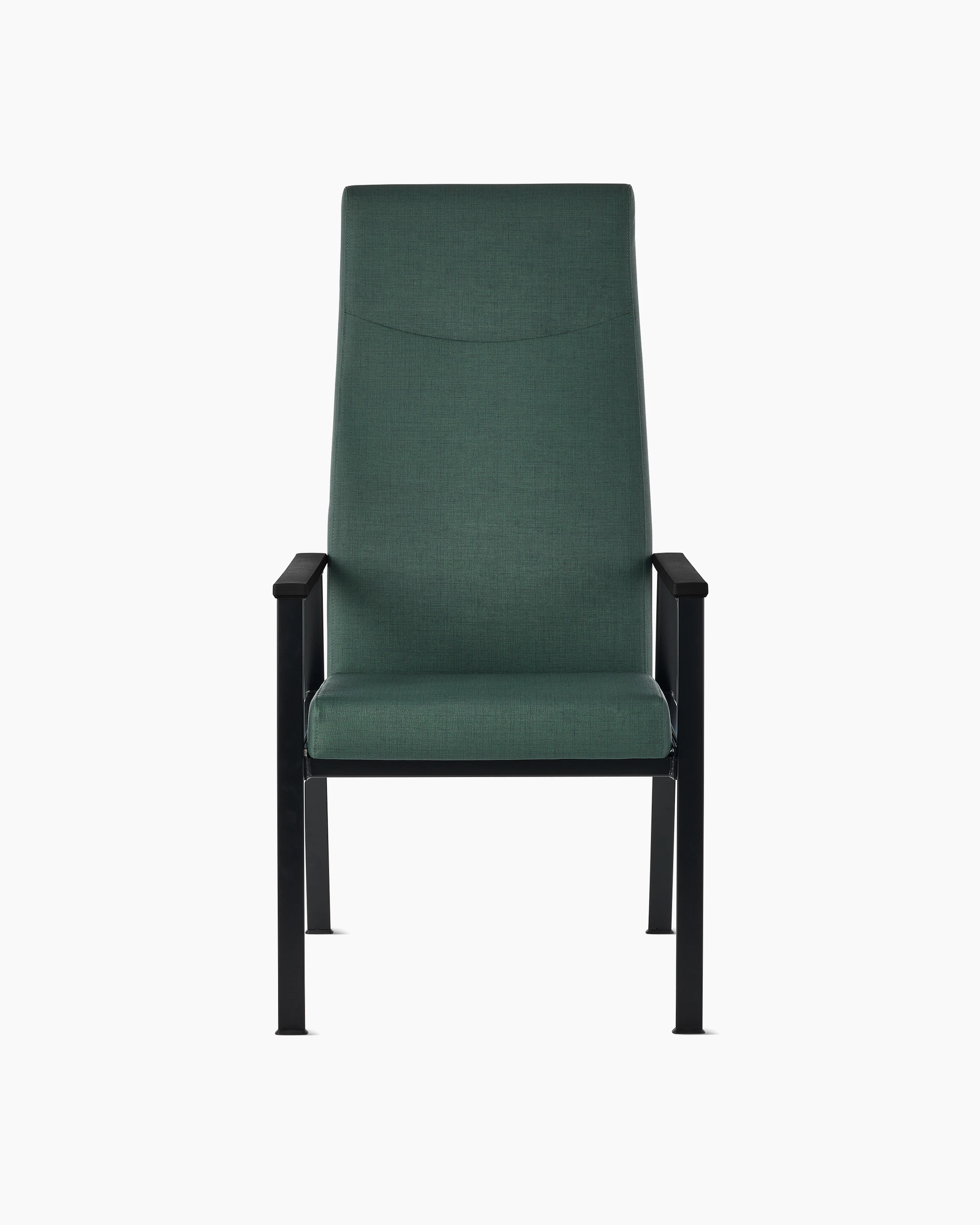 Front view of an Easton Patient Chair with green upholstery, black four leg base and black arm caps.