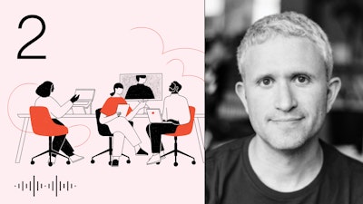 Looking Forward podcast cover art with episode number 2 in the top left corner is stacked alongside a portrait of the guest for this episode, workplace strategist Phil Kirschner.