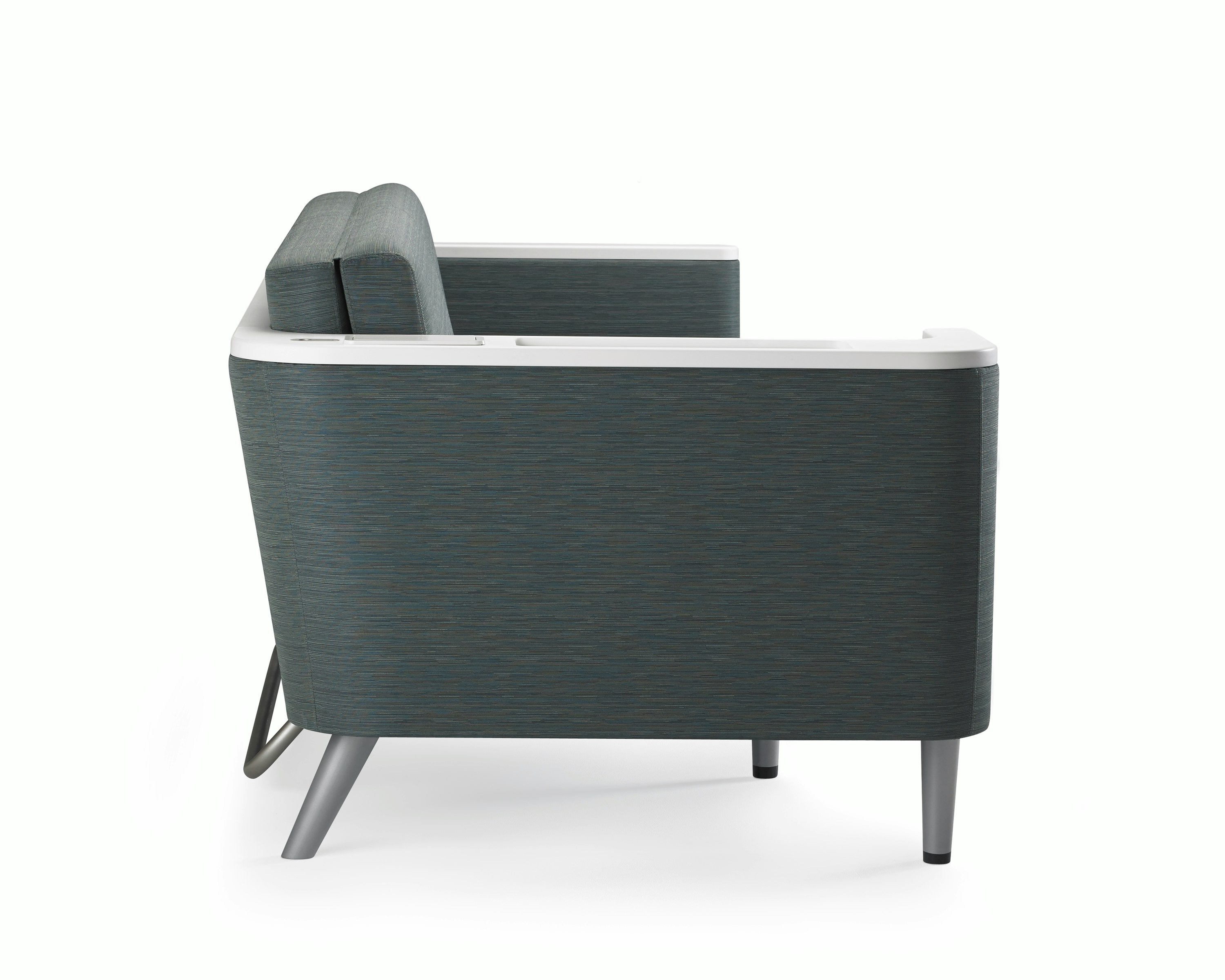 Nemschoff Palisade Flop Sofa in a blue-gray upholstery with white solid surface arm and back cap and wall saver design.