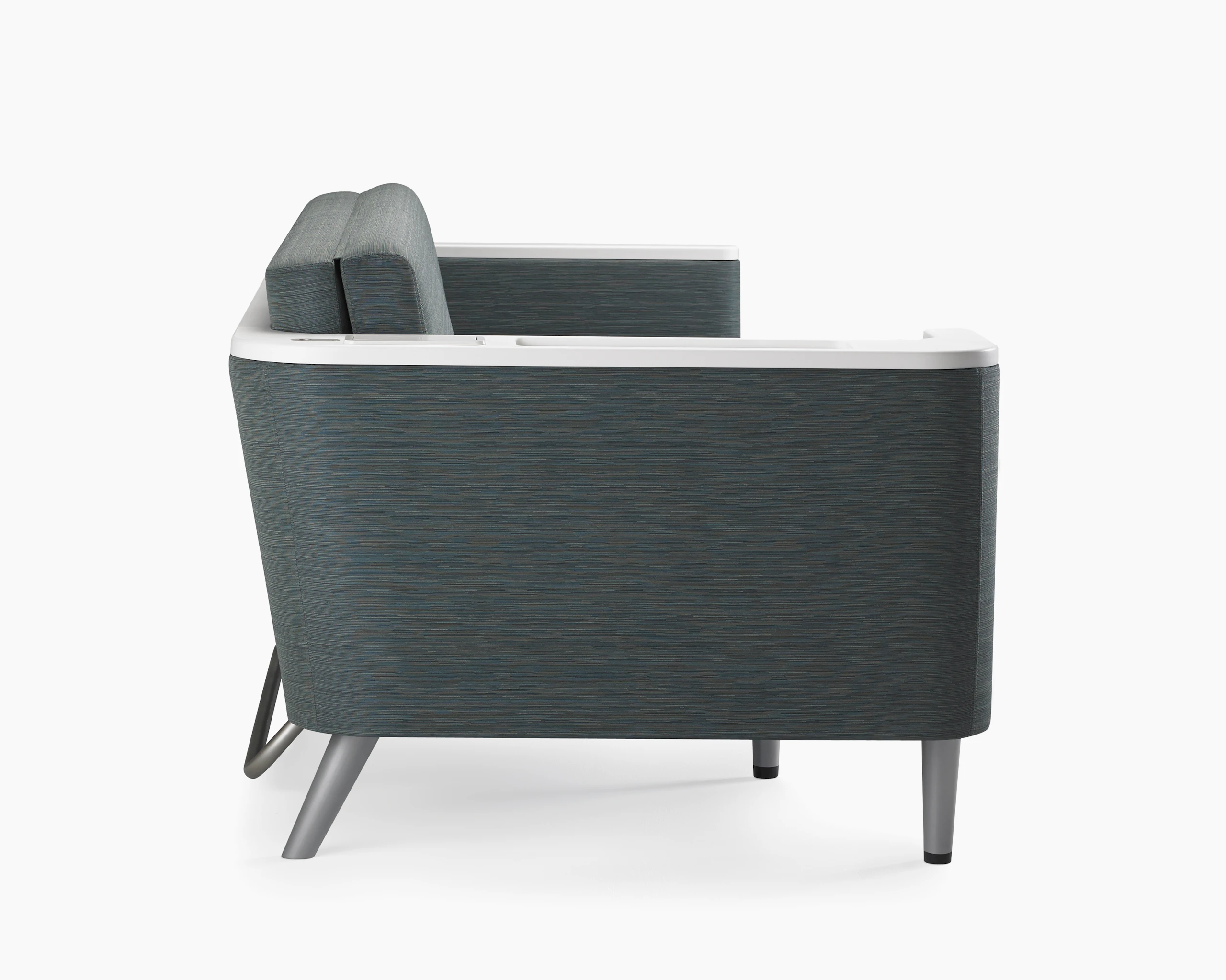 Nemschoff Palisade Flop Sofa in a blue-gray upholstery with white solid surface arm and back cap and wall saver design.