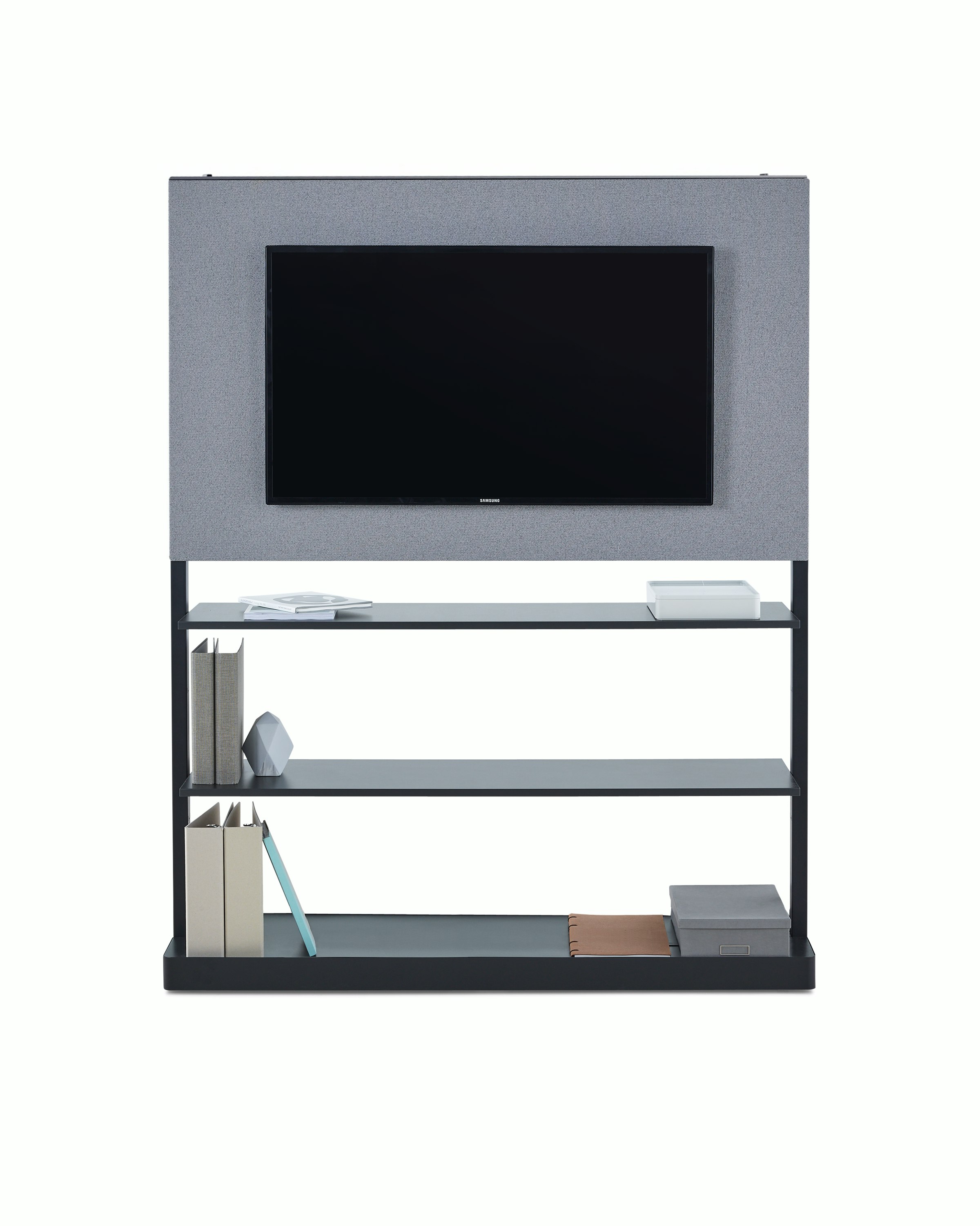 A dark grey OE1 Agile Wall with light grey fabric tile with a display unit and lower shelves, viewed from the front.