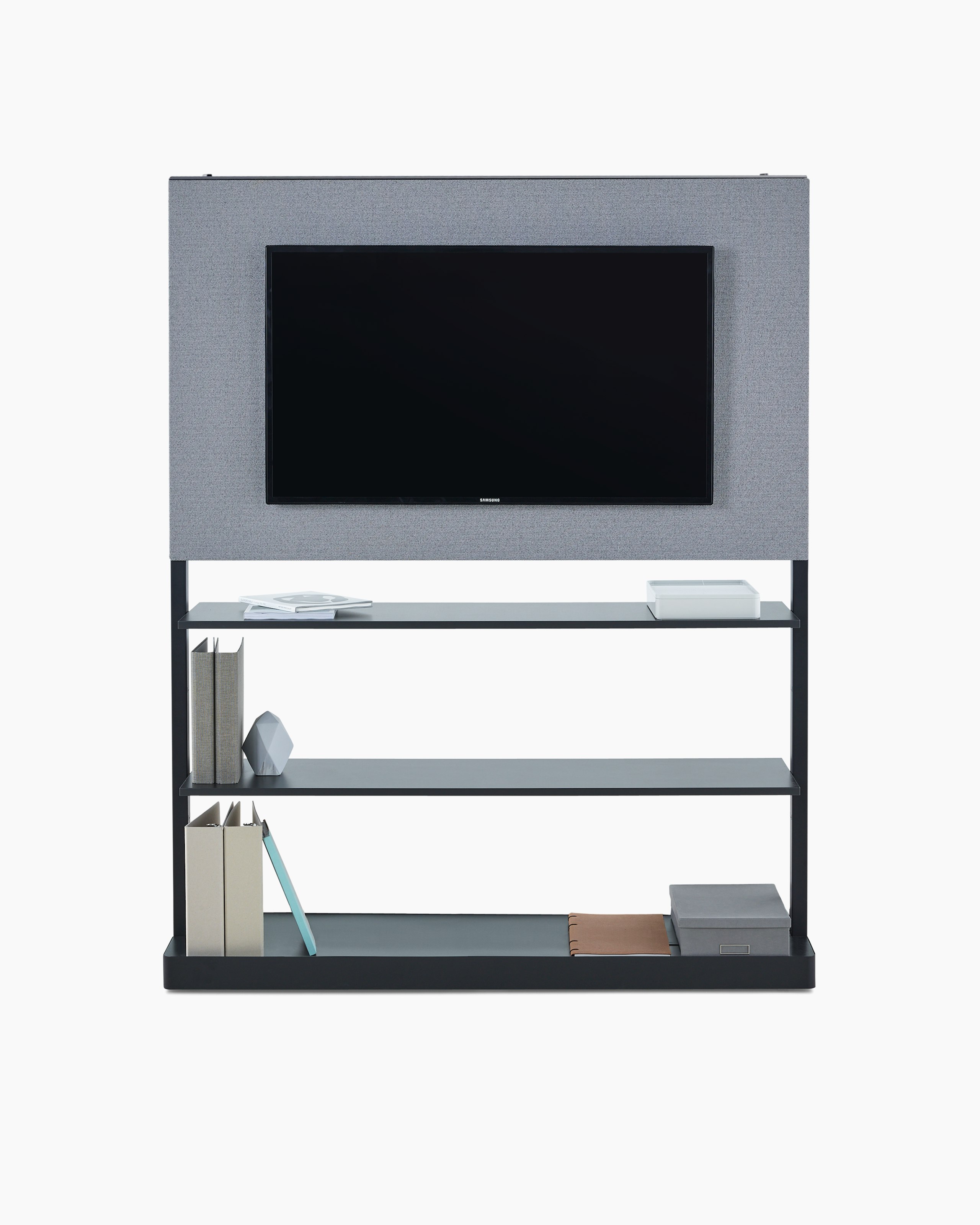 A dark grey OE1 Agile Wall with light grey fabric tile with a display unit and lower shelves, viewed from the front.