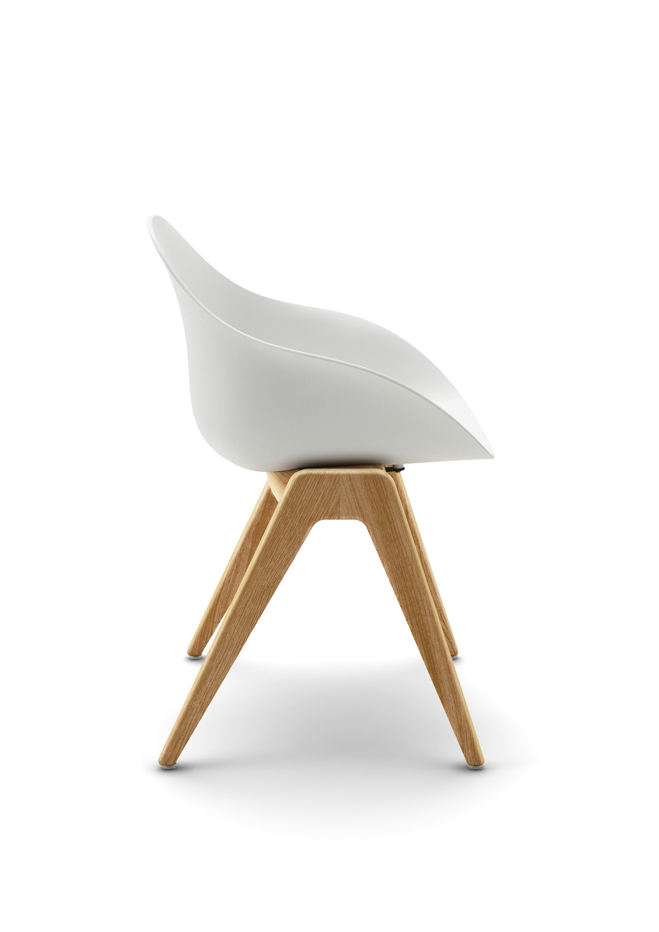 Side view of a white Ruby Wood Chair with oak legs.