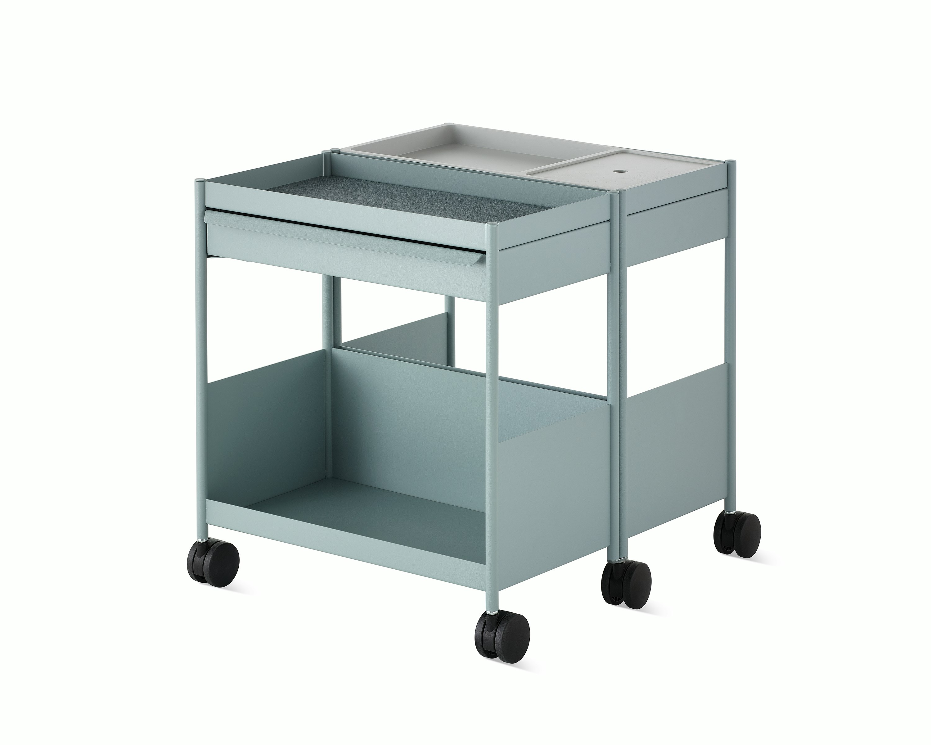 Light grey OE1 Storage Trolley with casters in a dual-mobile configuration, viewed from an angle.