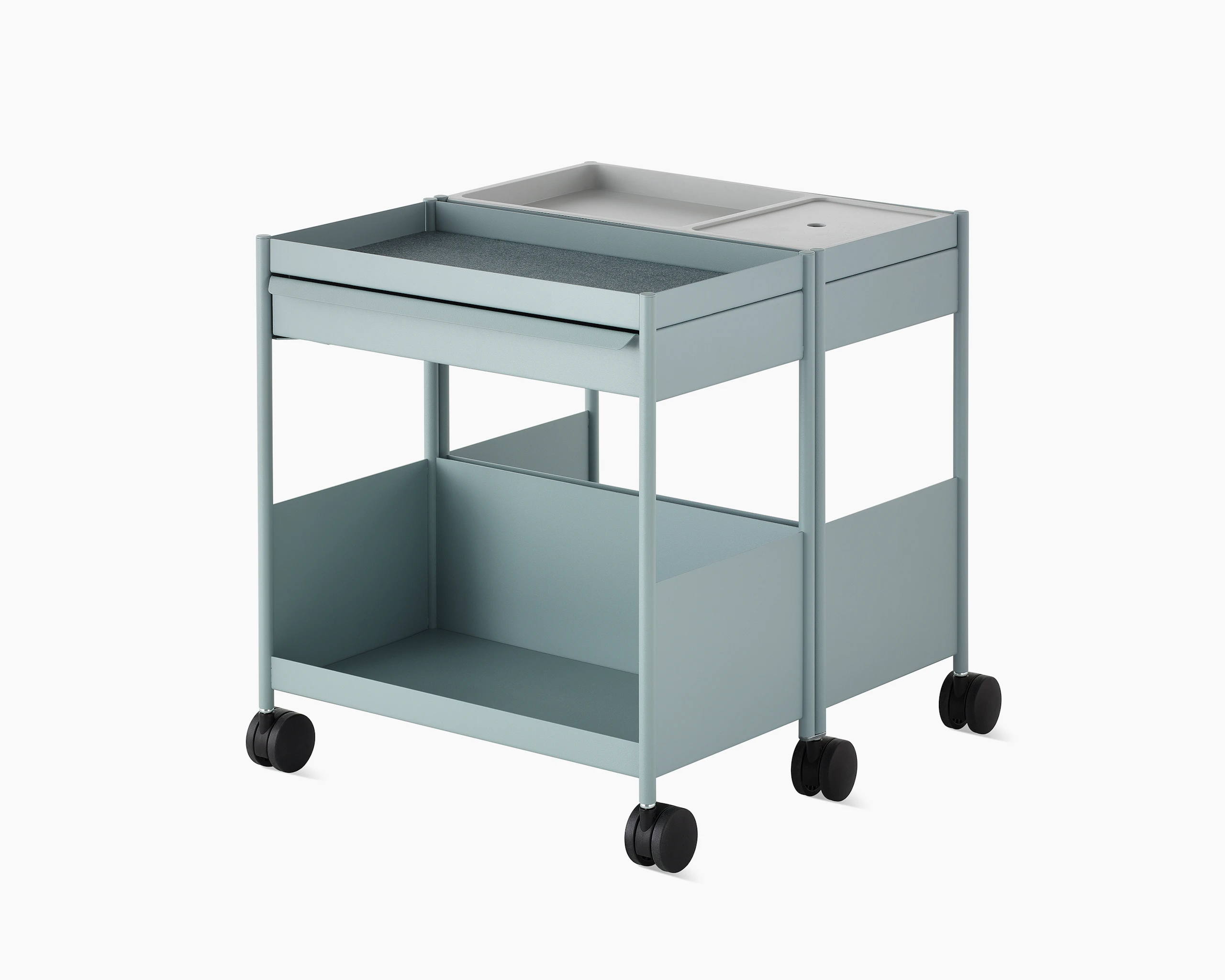 Light grey OE1 Storage Trolley with casters in a dual-mobile configuration, viewed from an angle.