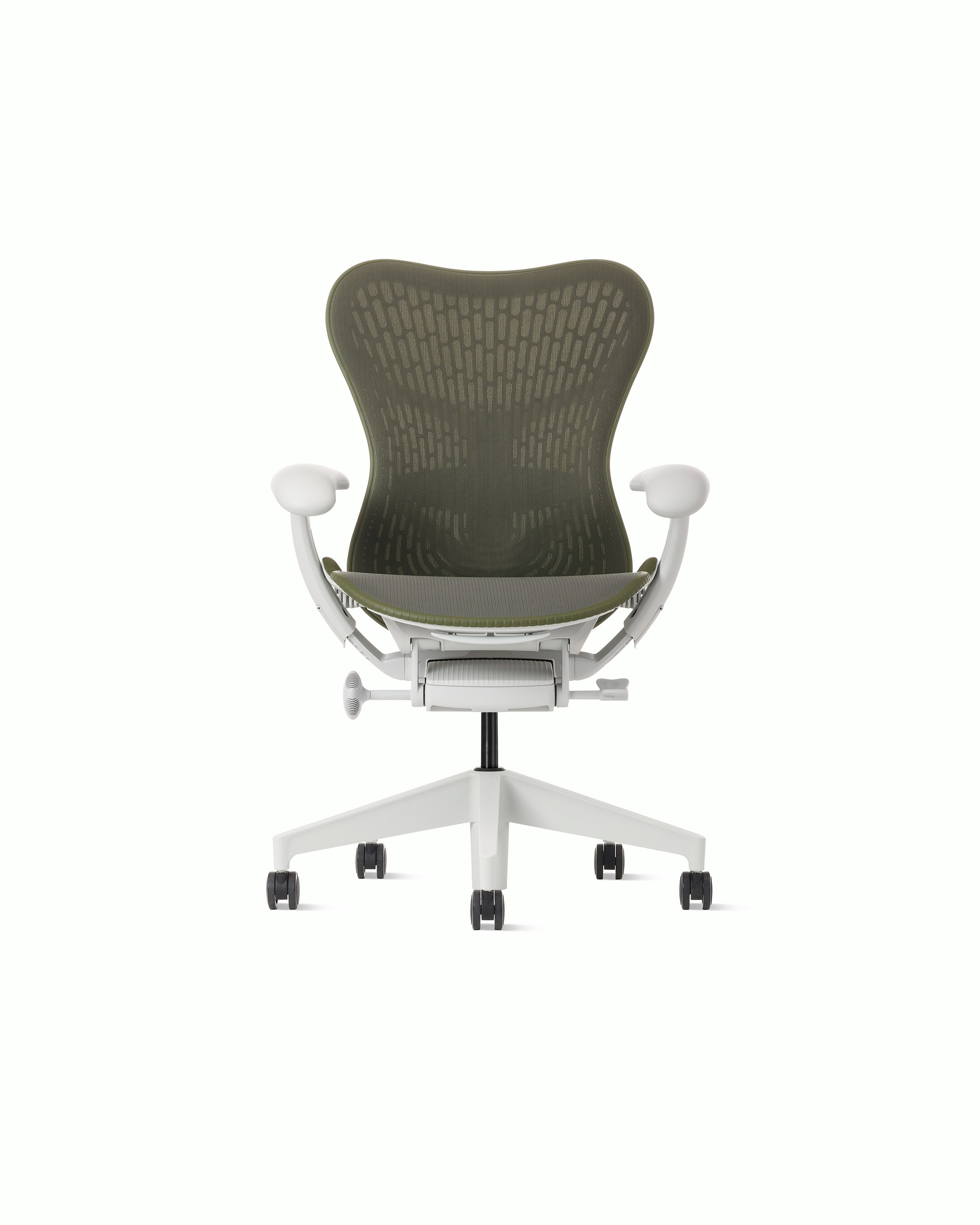 Front angle view of a Mirra 2 chair with a Butterfly back in olive and an alpine frame.