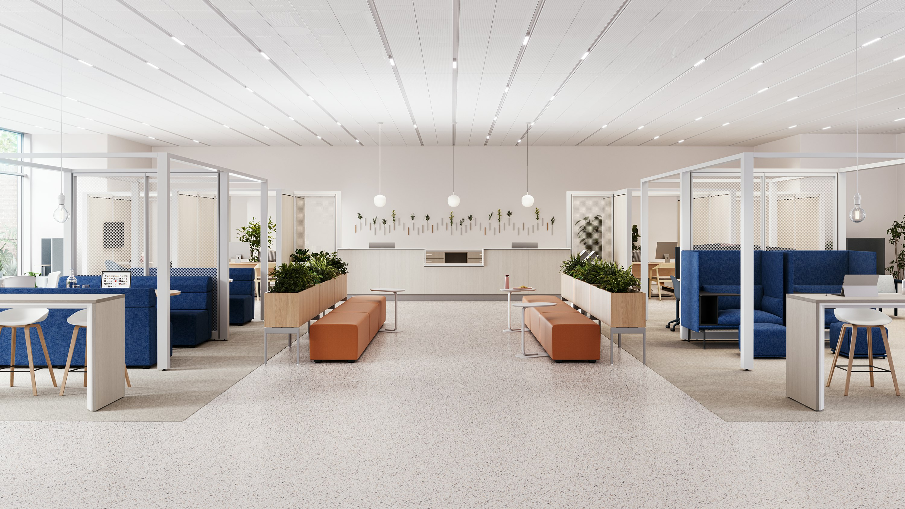 Surgery waiting area with a variety of settings for working, respite, or socializing.