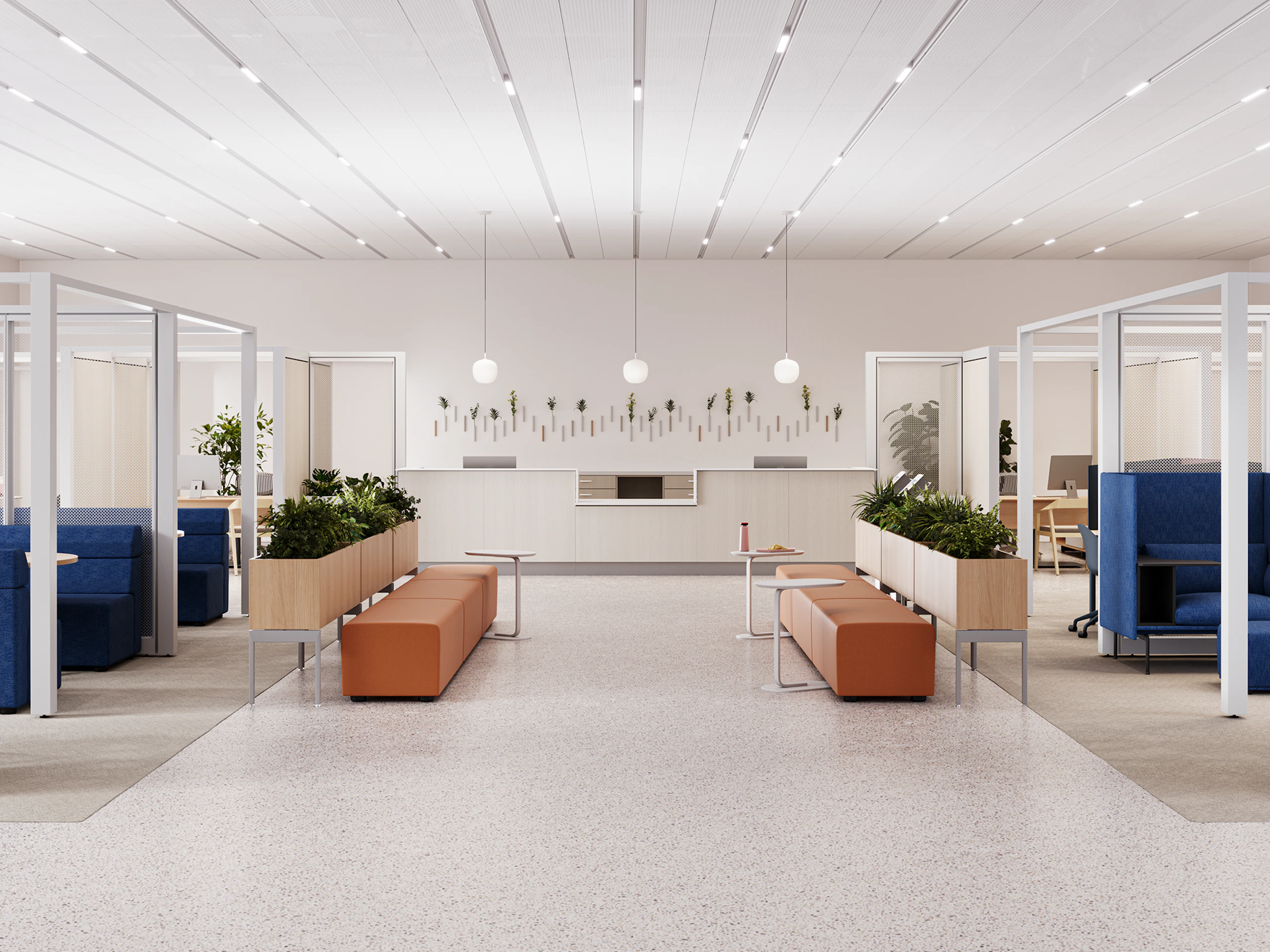 Surgery waiting area with a variety of settings for working, respite, or socializing.