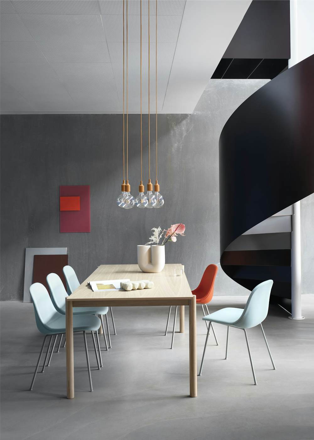 Linear Table and E27 Pendant Lights in a dining room setting