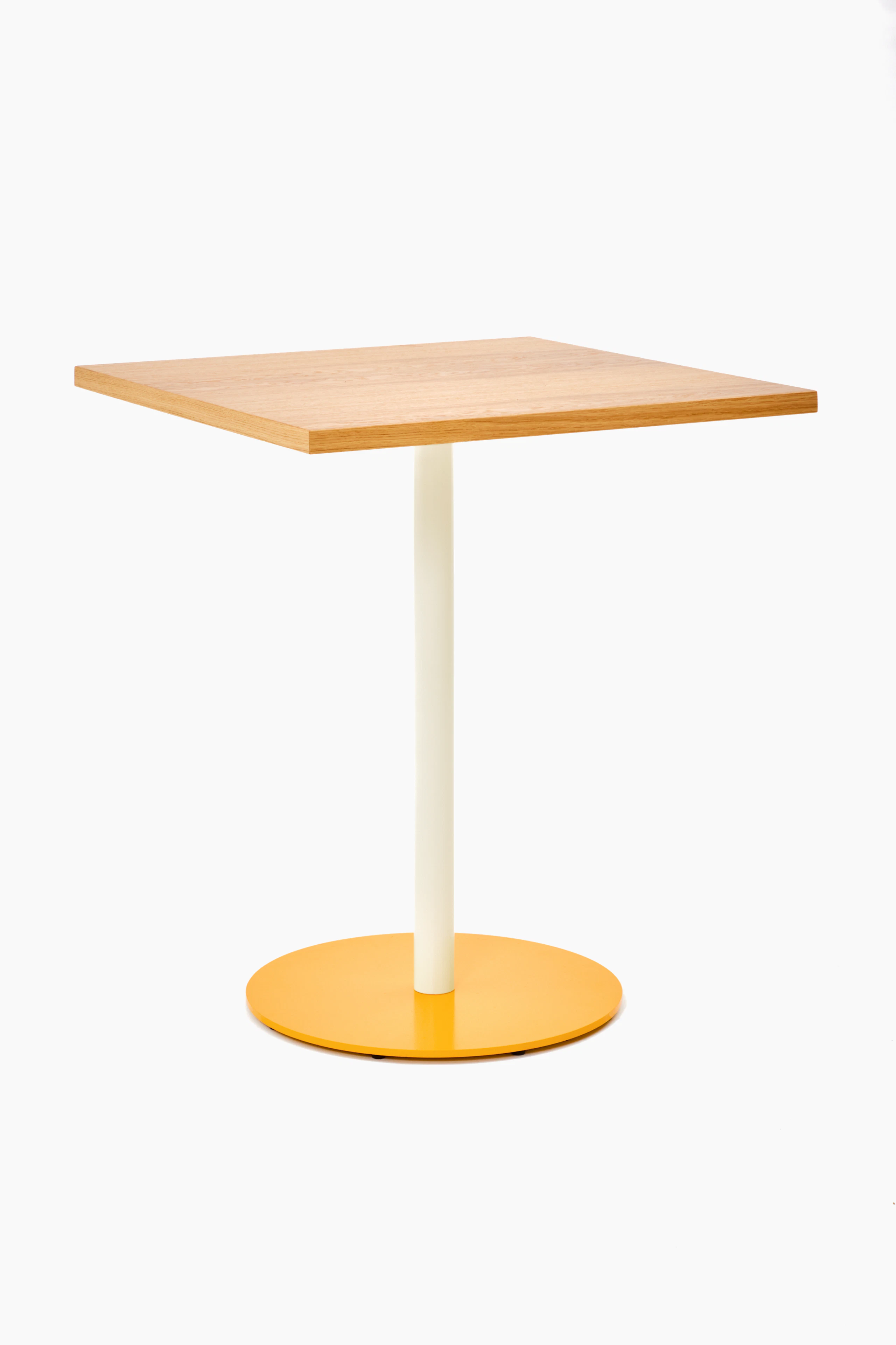 Front angled view of a square Tier table with Oak veneer top, Oyster stem and Broom Yellow base.