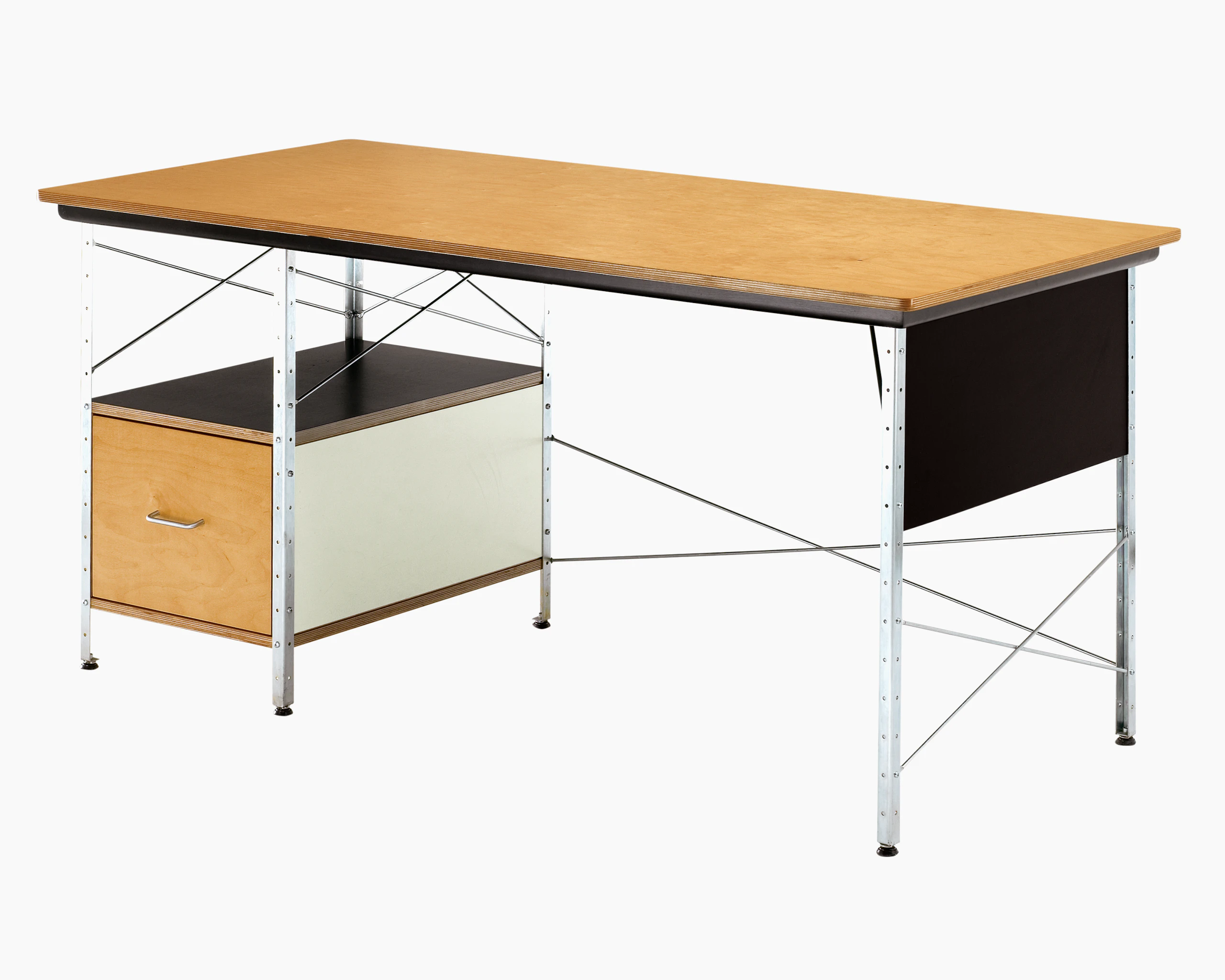 A Eames Desk with a wood and veneer birch top and drawer.