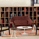 Knoll Essentials anchor storage open lockers Saarinen table Krusin lounge chair Womb settee Piton stool Saarinen Executive Armless chair Community Space Activity Space Library