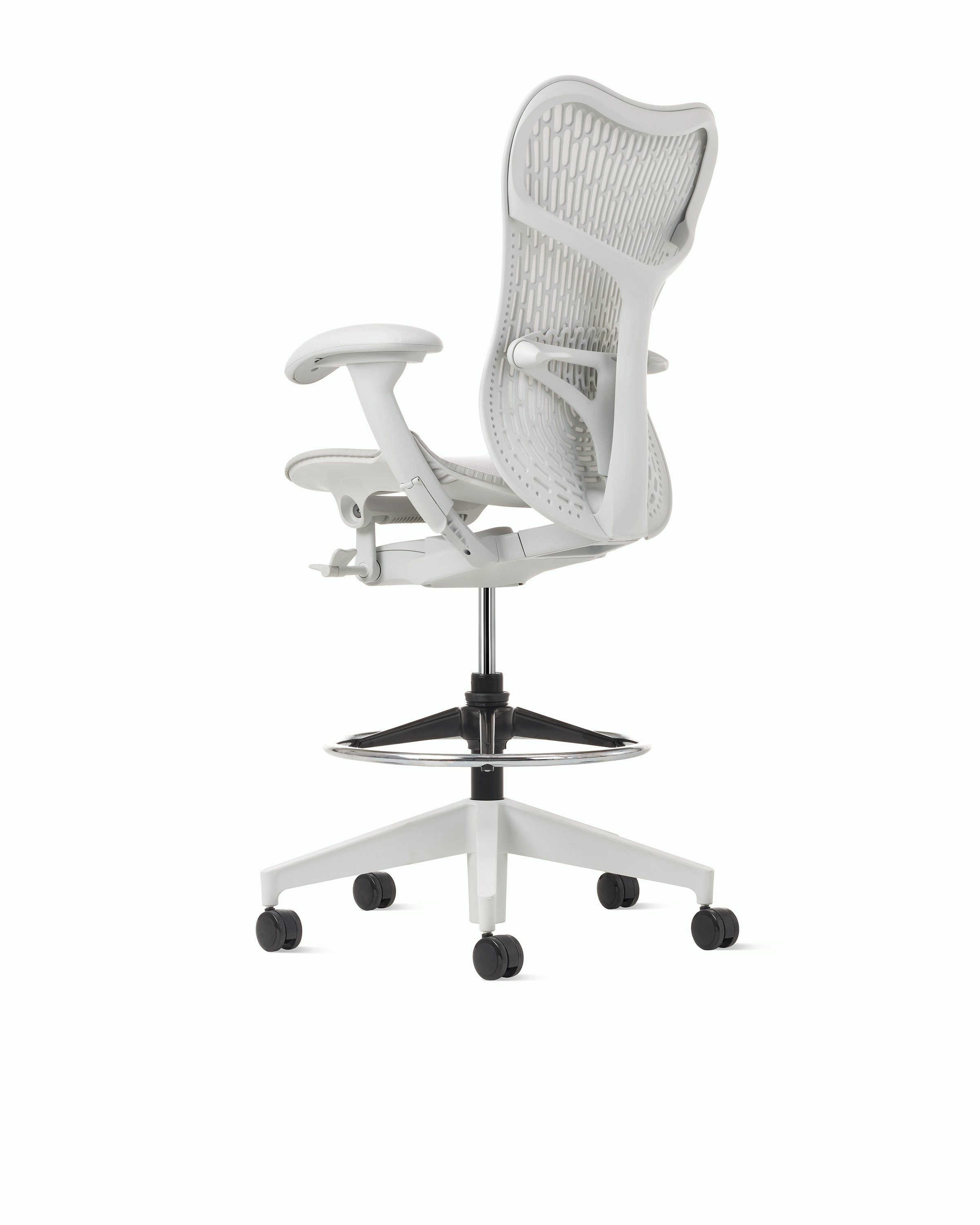 Rear angle view of a Mirra 2 stool with a Butterfly back in alpine. 