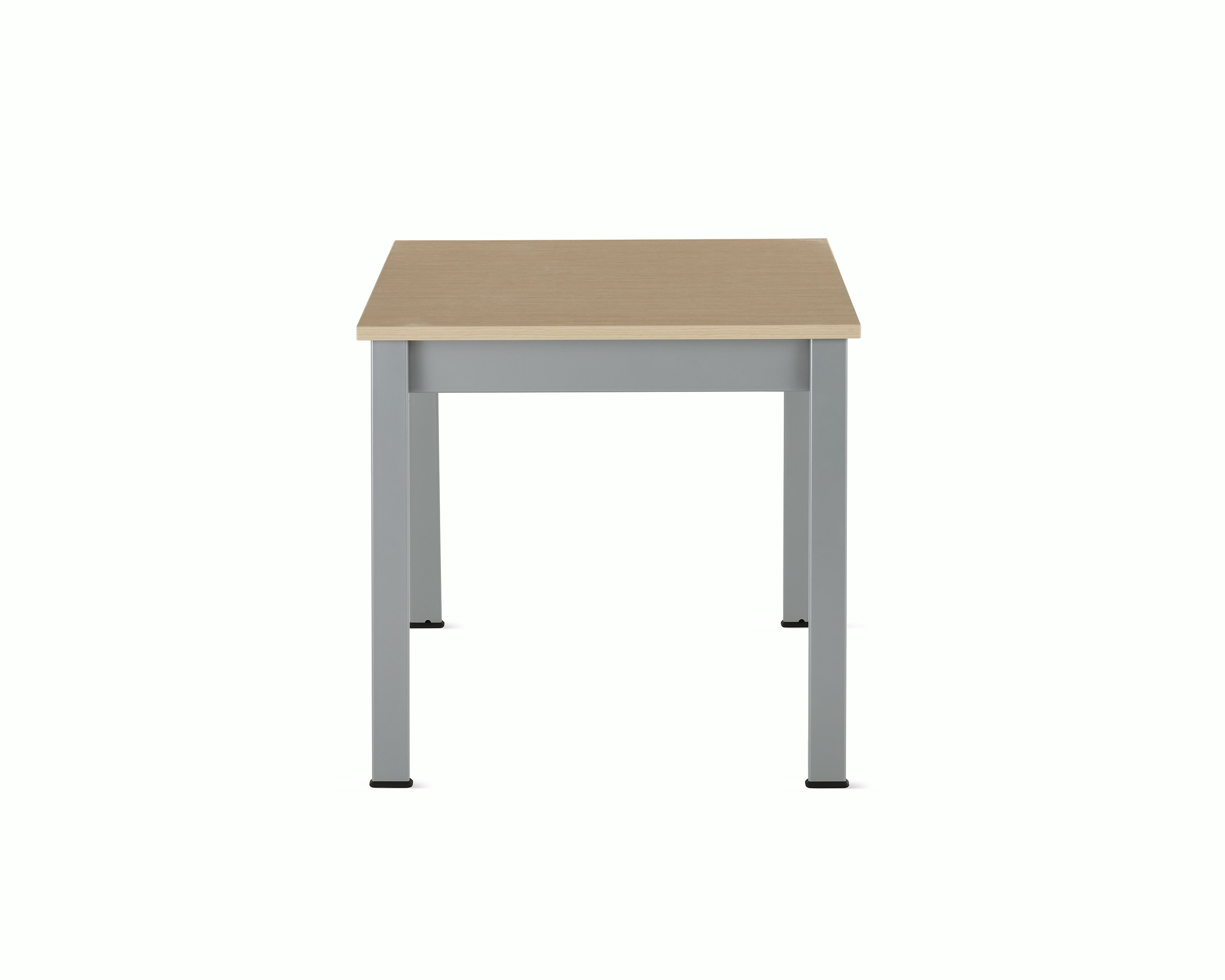 Front view of an Easton Side Table with a clear on ash laminate top and metallic silver legs.